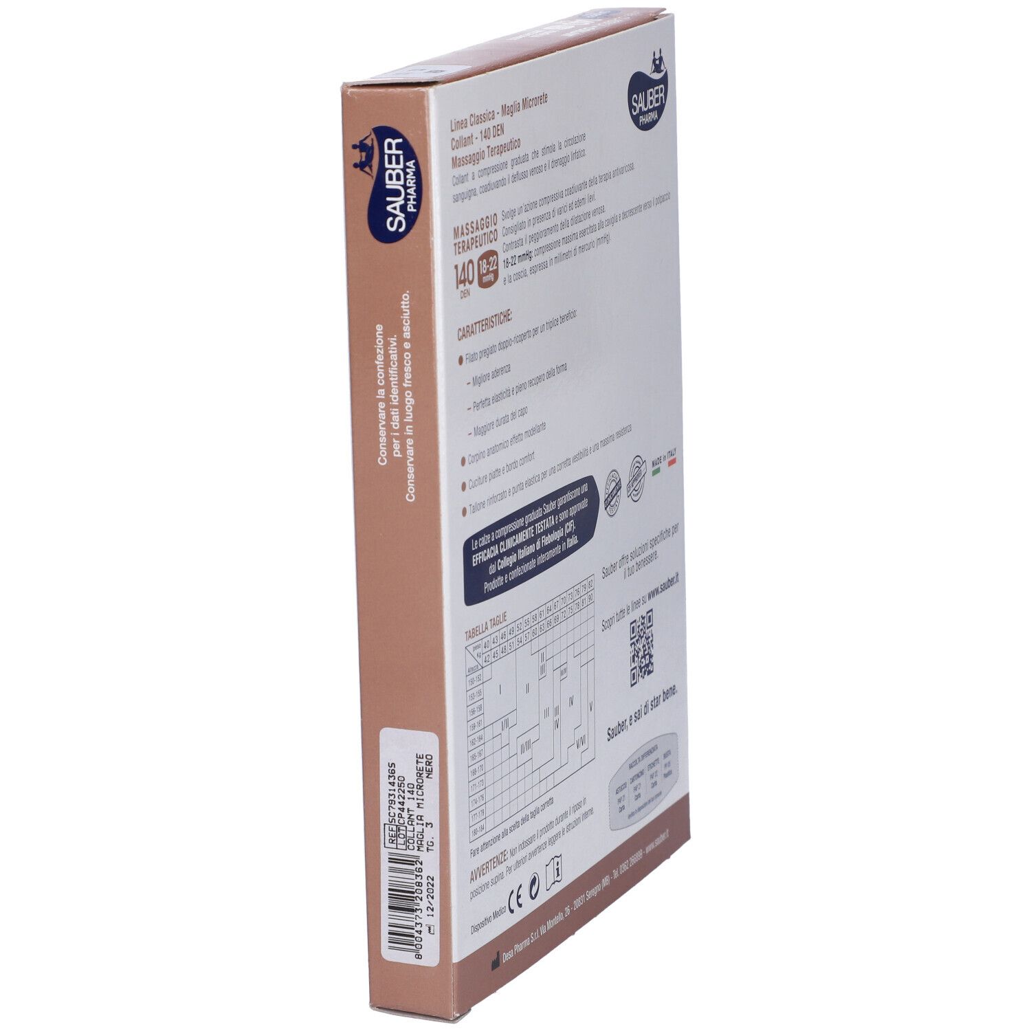 Vista laterale della confezione. Sauber Pharma. Informazioni sui collant. Made in Italy.
