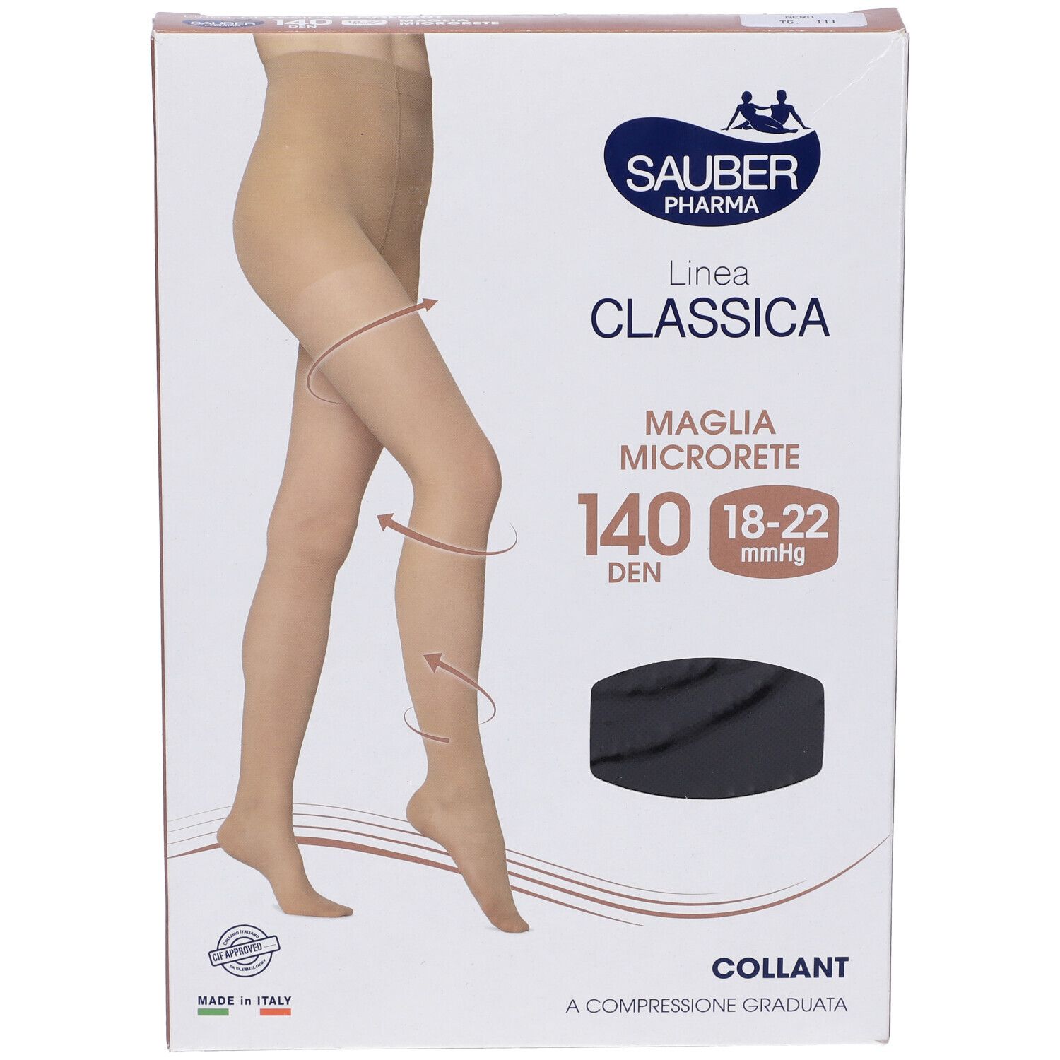 Confezione collant Sauber Classica 140 Den Nero Tg. 3. Compressione graduata. Logo Sauber Pharma. Made in Italy.