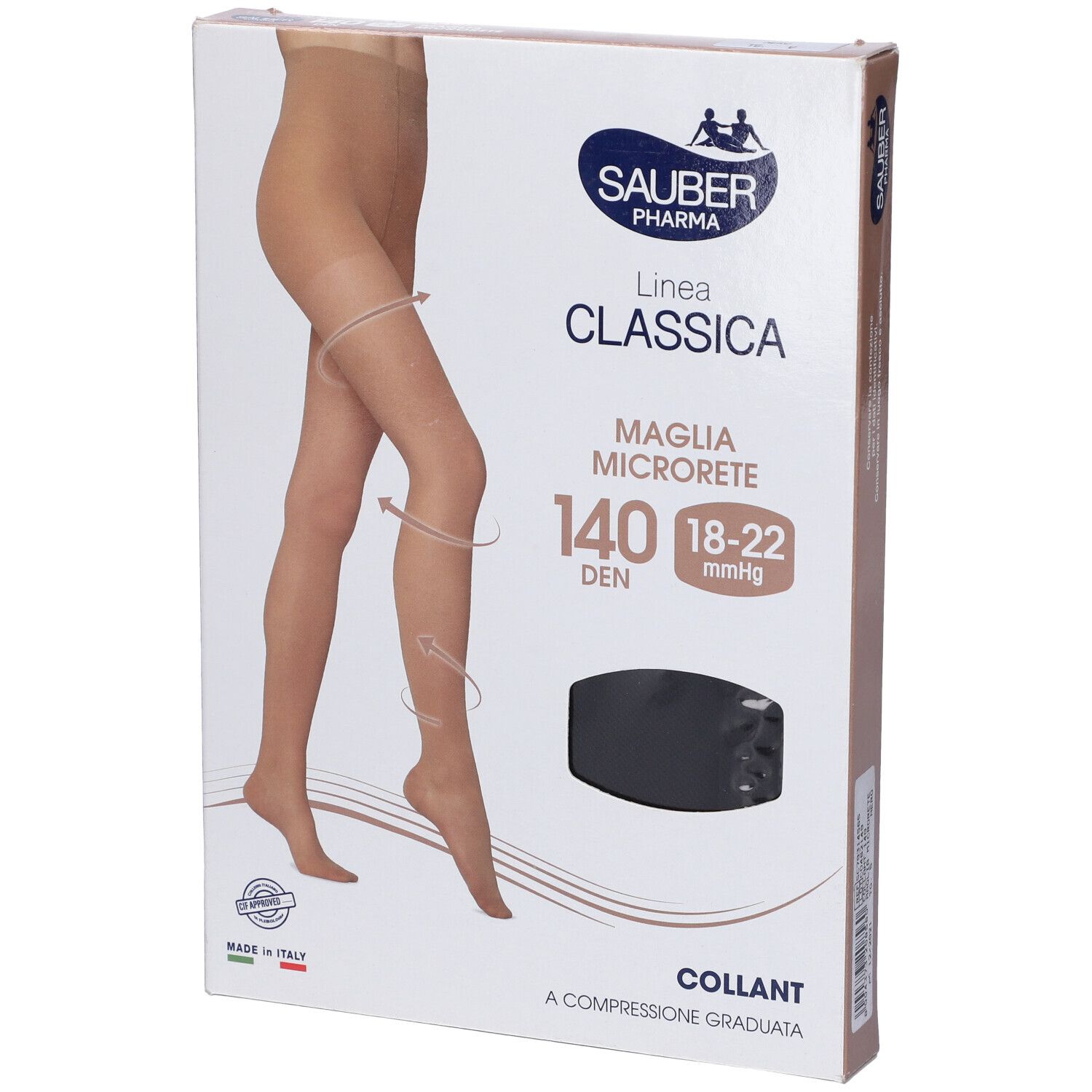 Confezione collant Sauber Classica 140 Den Nero Tg. 5. Compressione graduata. Logo Sauber Pharma. Dettagli in italiano.