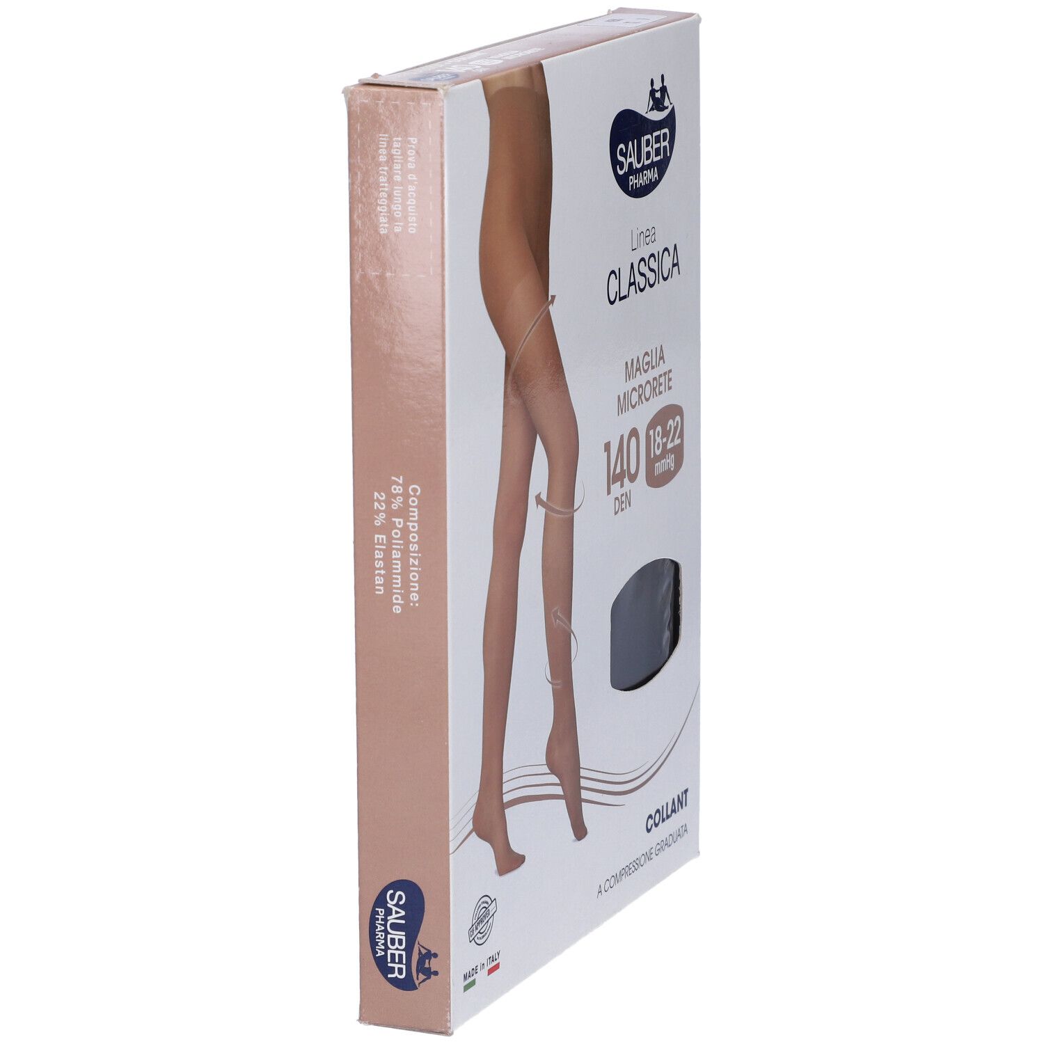 Confezione collant Sauber Classica 140 Den Nero Tg. 5. Compressione graduata. Logo Sauber Pharma. Dettagli in italiano.