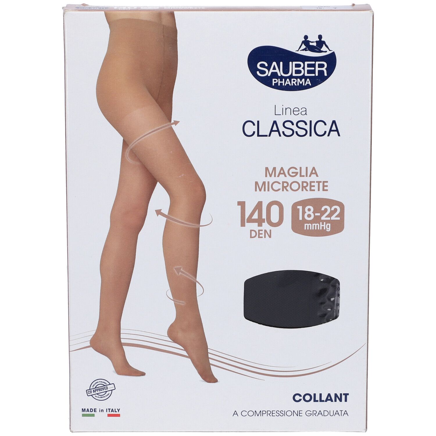Confezione collant Sauber Classica 140 Den Nero Tg. 5. Compressione graduata. Logo Sauber Pharma. Dettagli in italiano.