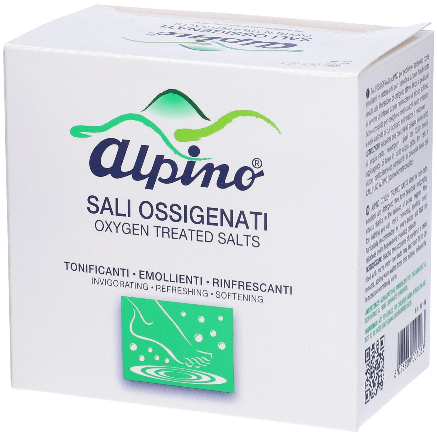 Scatola bianca con nome e logo del prodotto. Testo: Sali Ossigenati, Oxygen Treated Salts, Tonificanti, Emollienti, Rinfrescanti. Illustrazione piede.