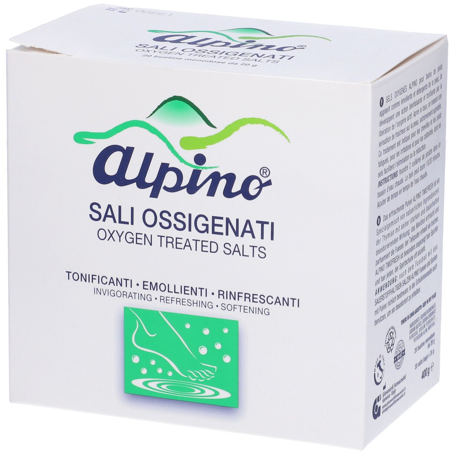 Scatola bianca con nome e logo del prodotto. Testo: Sali Ossigenati, Oxygen Treated Salts, Tonificanti, Emollienti, Rinfrescanti. Illustrazione piede.