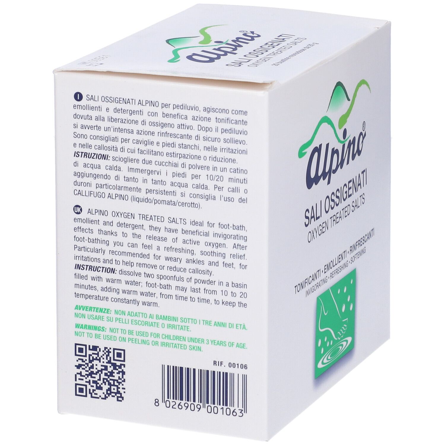 Scatola bianca con nome e logo del prodotto. Testo: Sali Ossigenati, Oxygen Treated Salts, Tonificanti, Emollienti, Rinfrescanti. Illustrazione piede.