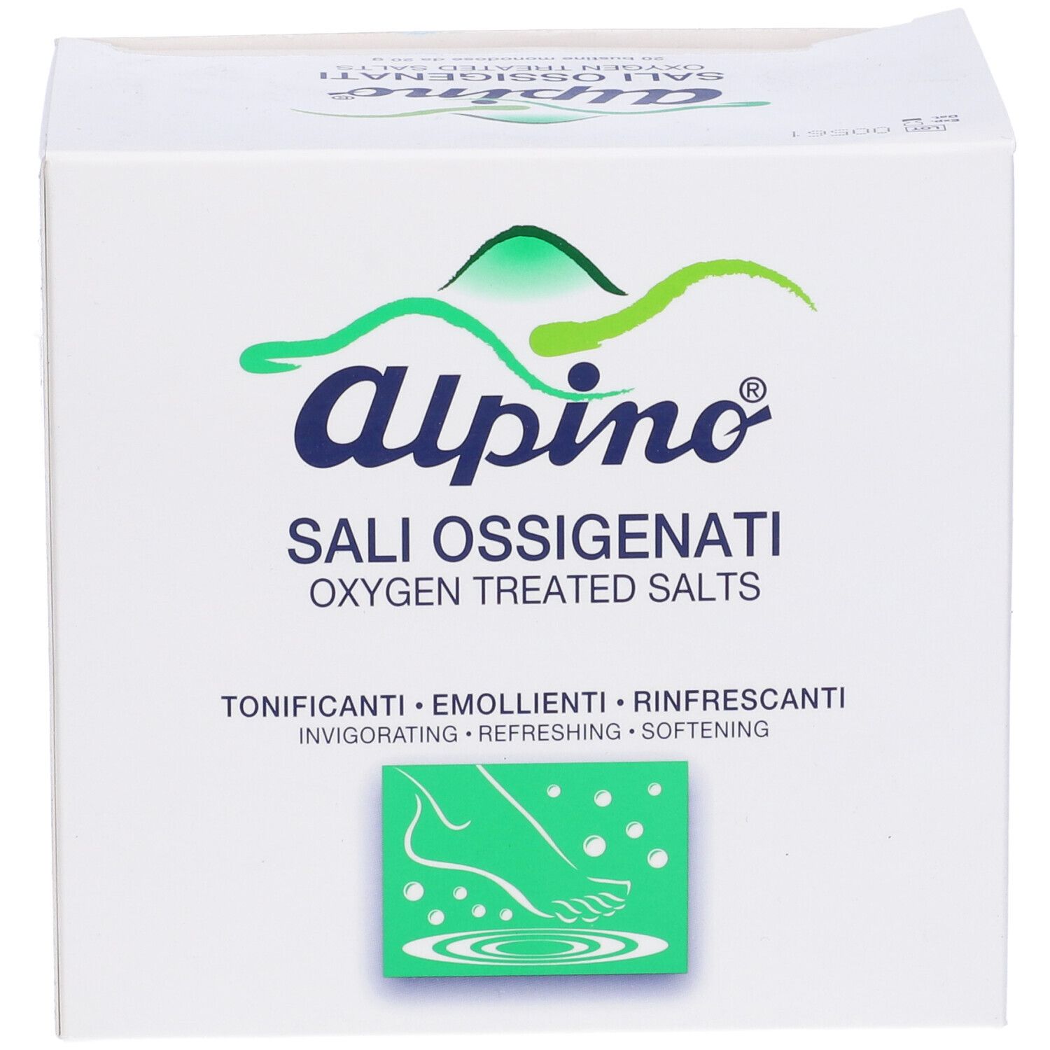 Scatola bianca con nome e logo del prodotto. Testo: Sali Ossigenati, Oxygen Treated Salts, Tonificanti, Emollienti, Rinfrescanti. Illustrazione piede.