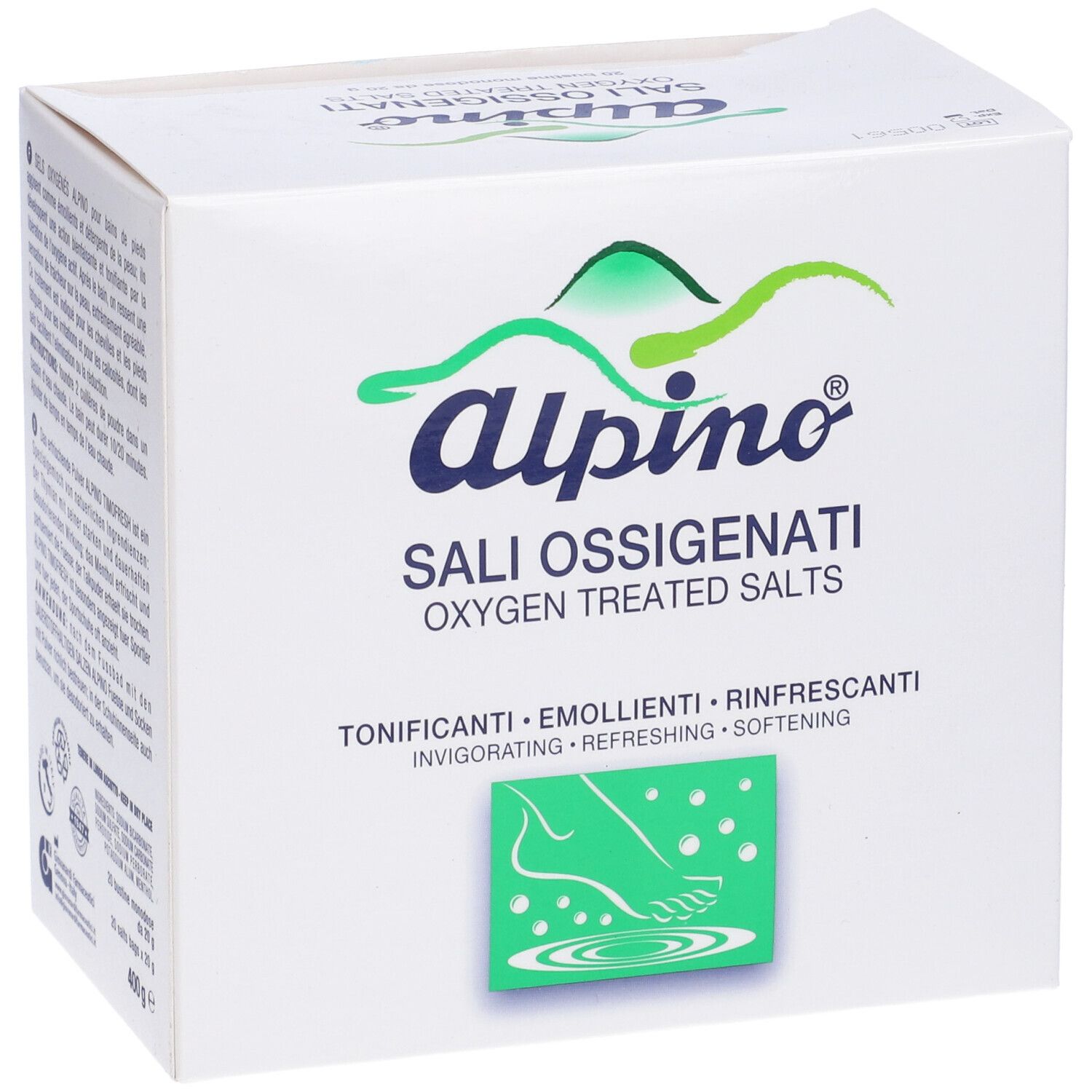 Scatola bianca con nome e logo del prodotto. Testo: Sali Ossigenati, Oxygen Treated Salts, Tonificanti, Emollienti, Rinfrescanti. Illustrazione piede.