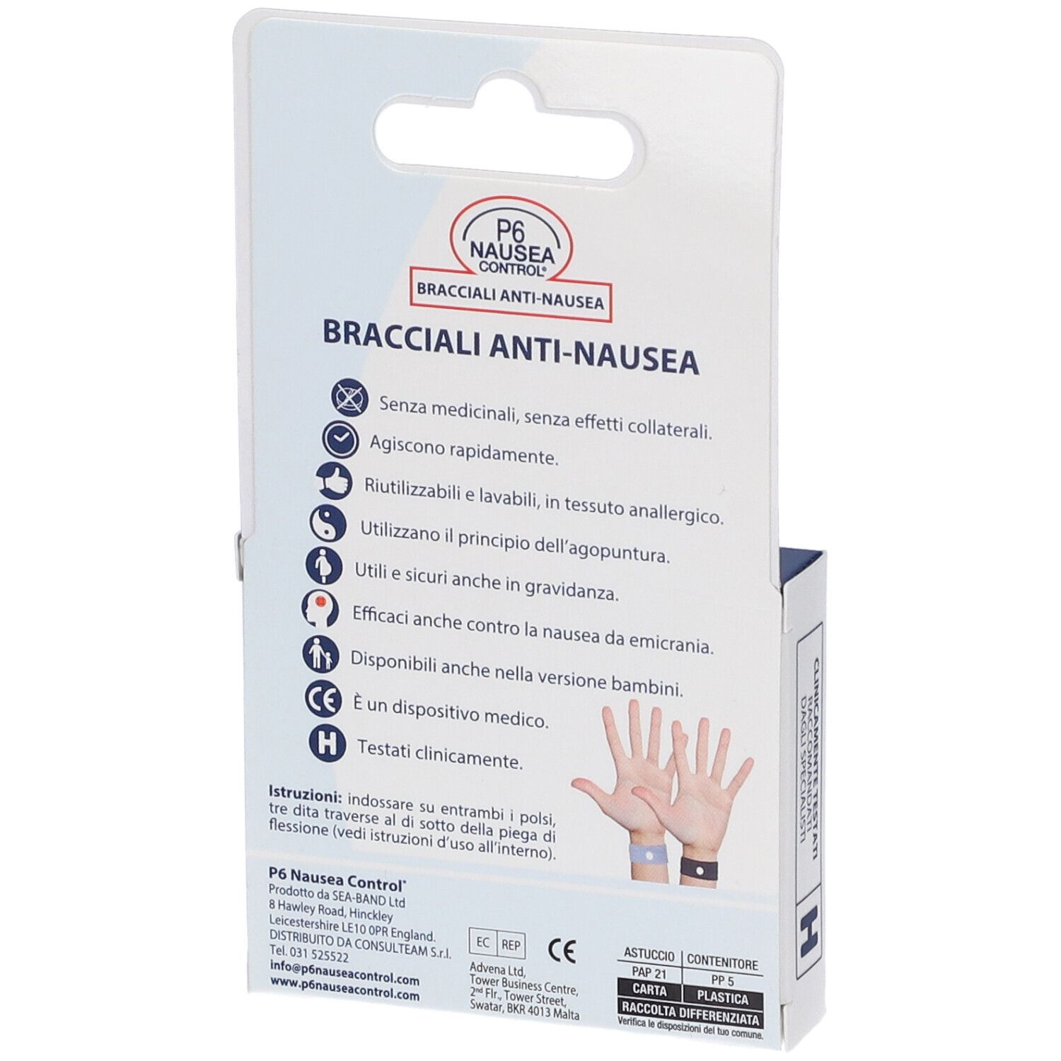 Verpackung für Anti-Übelkeits-Armbänder für Erwachsene, klinisch getestet.