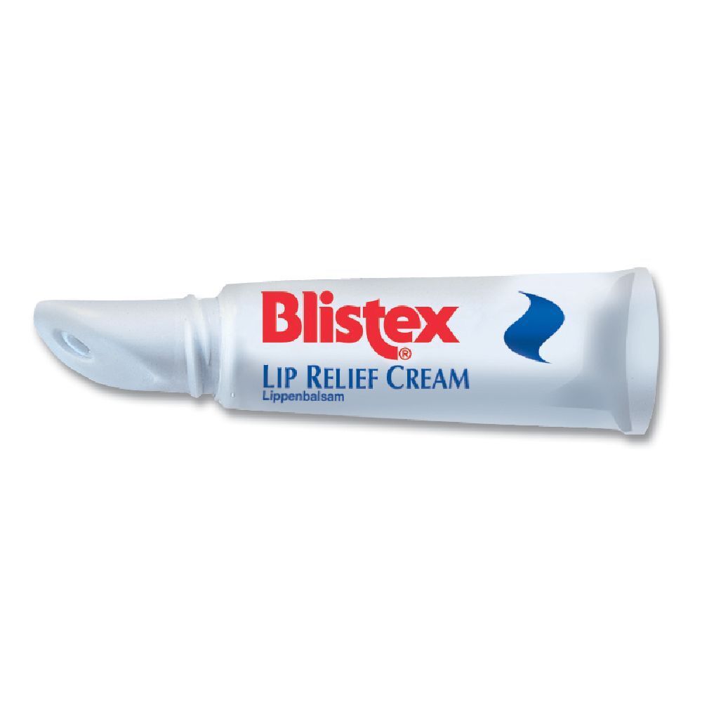 Tubo bianco con logo "Blistex" rosso e onda blu. Sono stampati anche "Lip Relief Cream" e "Lippenbalsam".