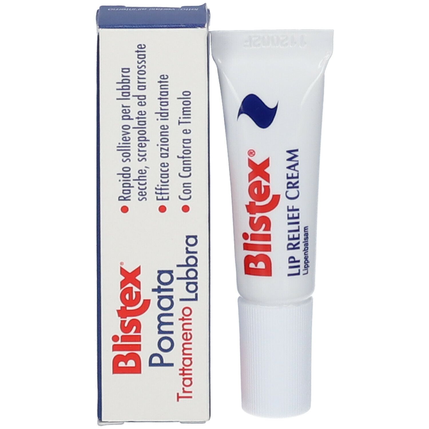 Scatola e tubo. Scatola con logo "Blistex" rosso, "Pomata Trattamento Labbra" e ingredienti. Tubo con logo "Blistex".