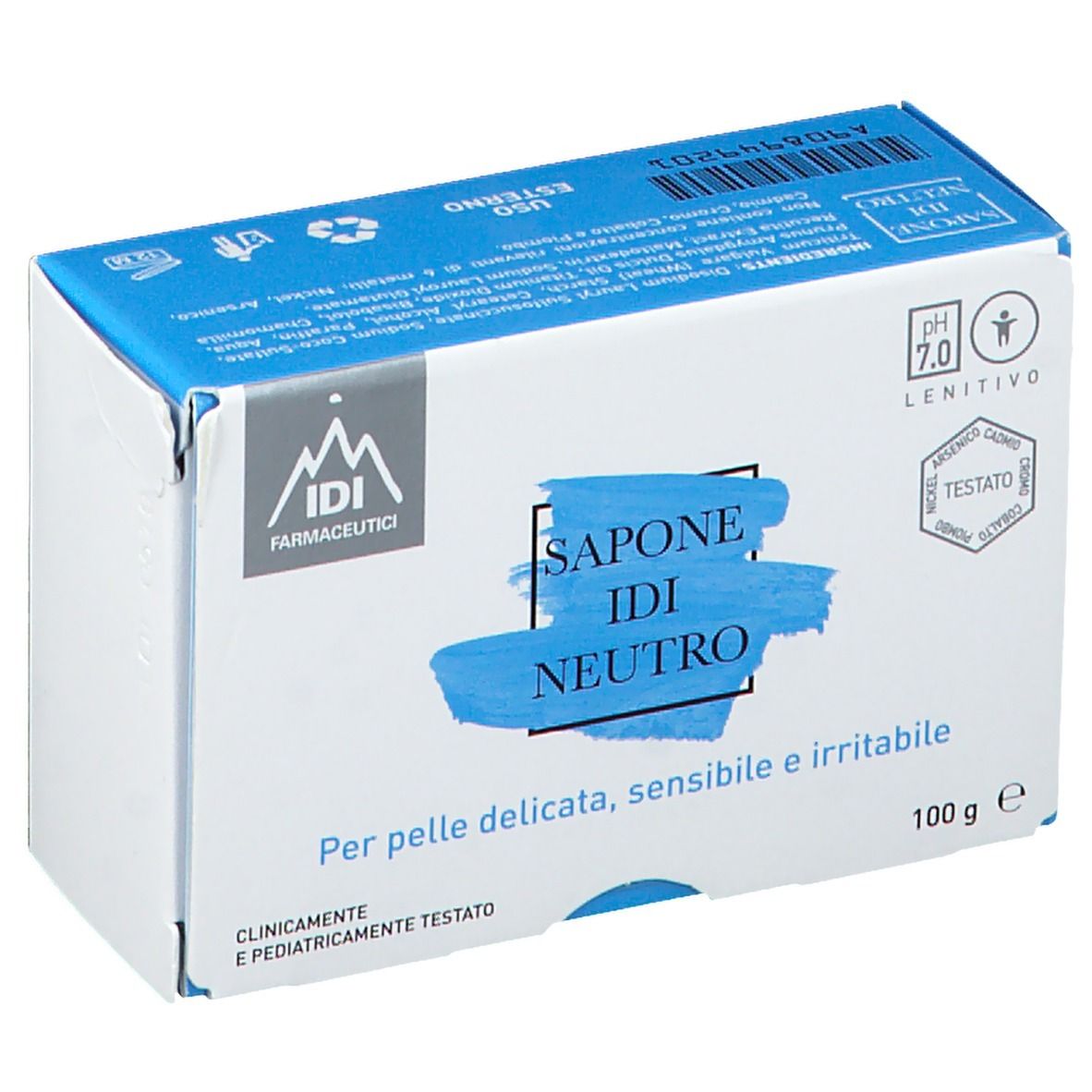 Emballage de savon. Inscription: Sapone IDI Neutro, pH 7, pour peaux sensibles. Logo IDI Farmaceutici.