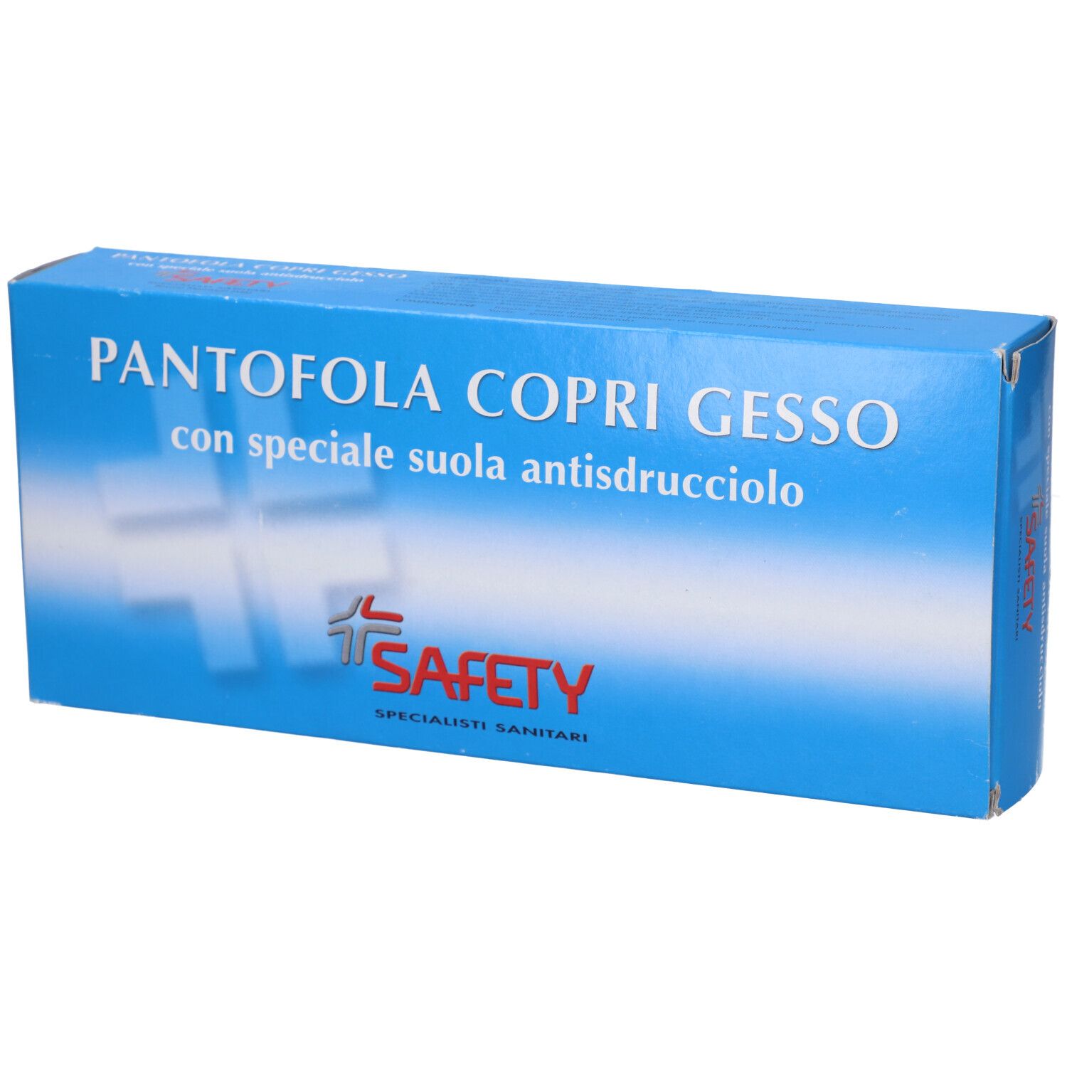Scatola blu con croce bianca e testo: "Pantofola copri gesso". Marchio: Safety.