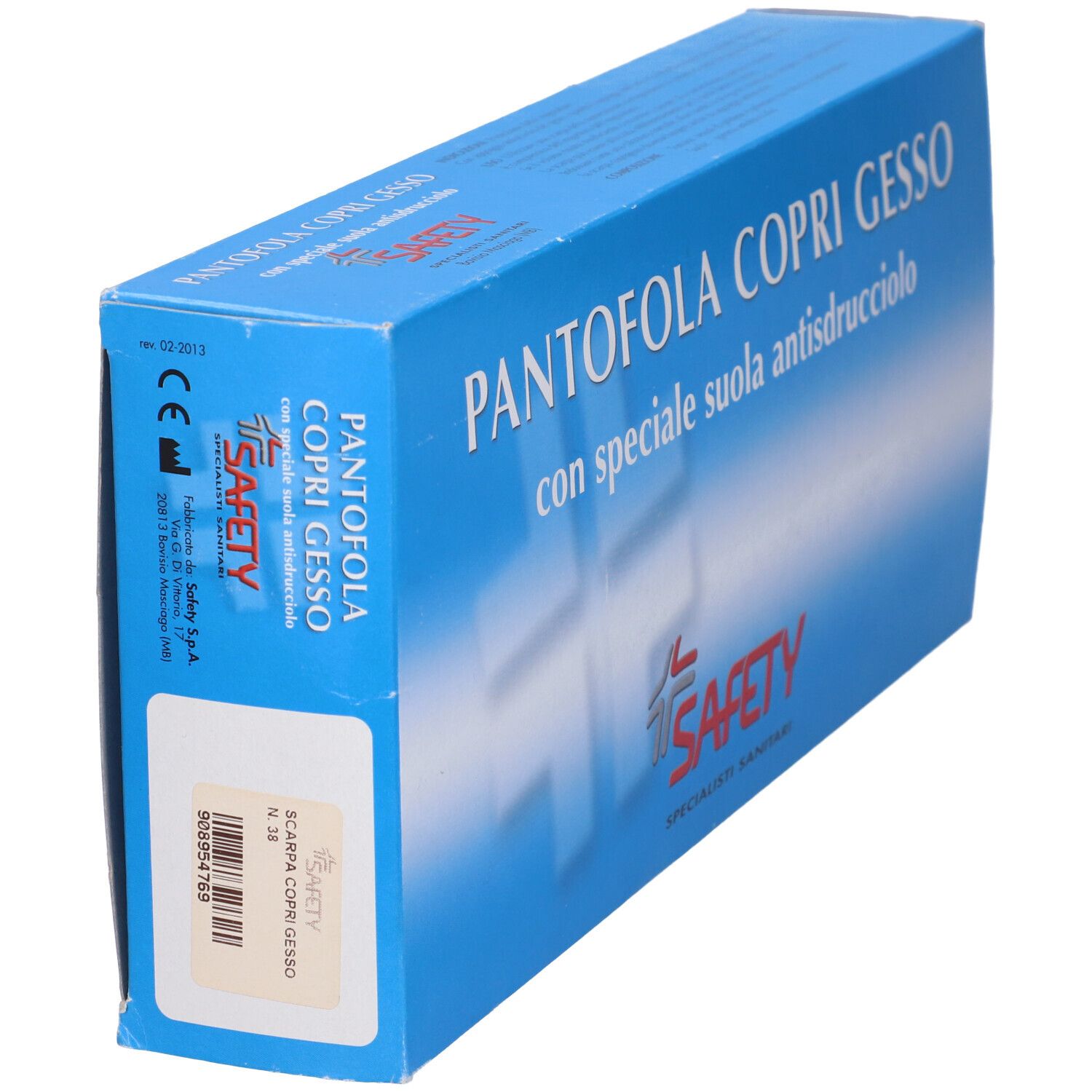Scatola blu inclinata. Testo: "Pantofola copri gesso". Marchio: Safety. Codice a barre e marchio CE.