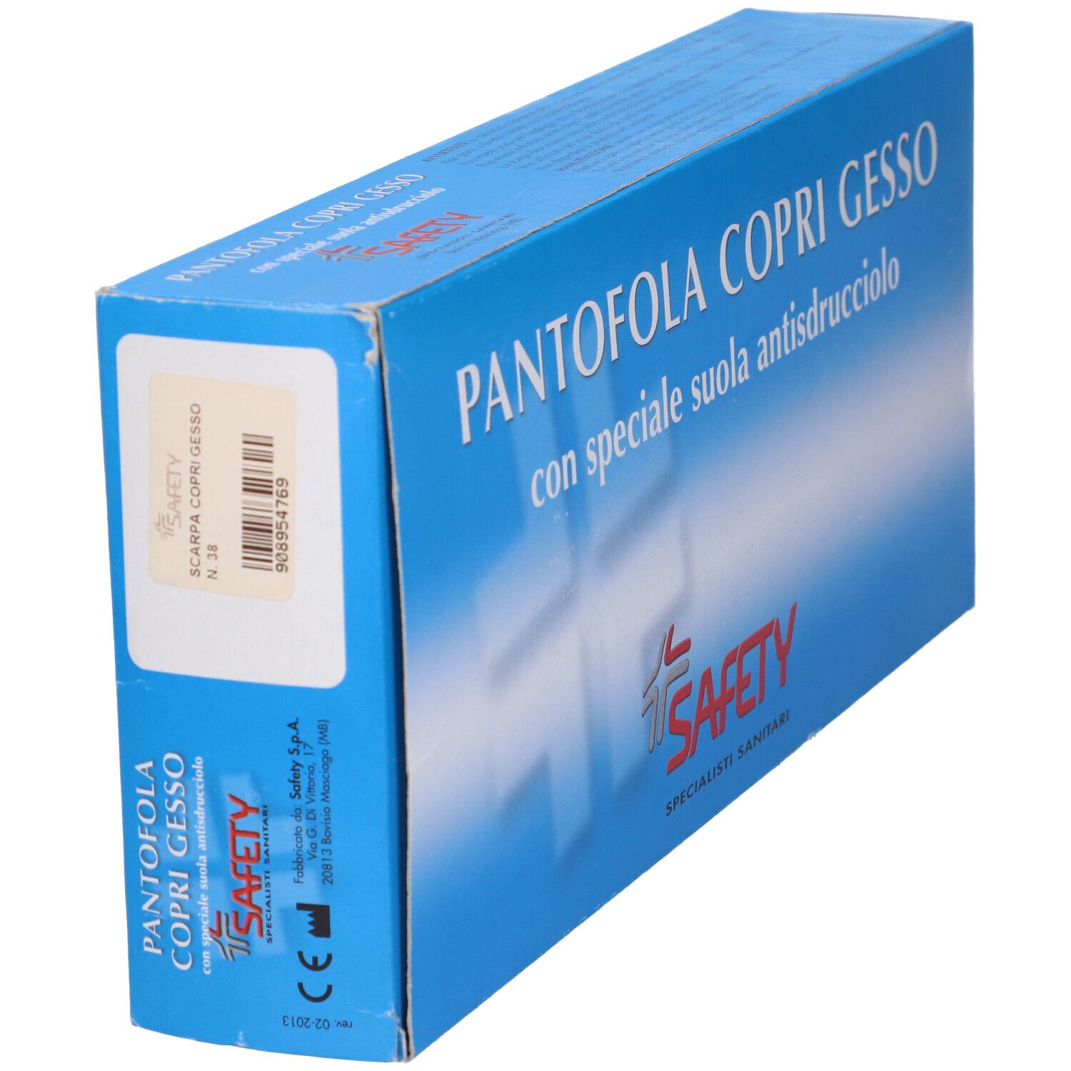 Scatola blu inclinata. Testo: "Pantofola copri gesso". Marchio: Safety. Codice a barre e marchio CE.