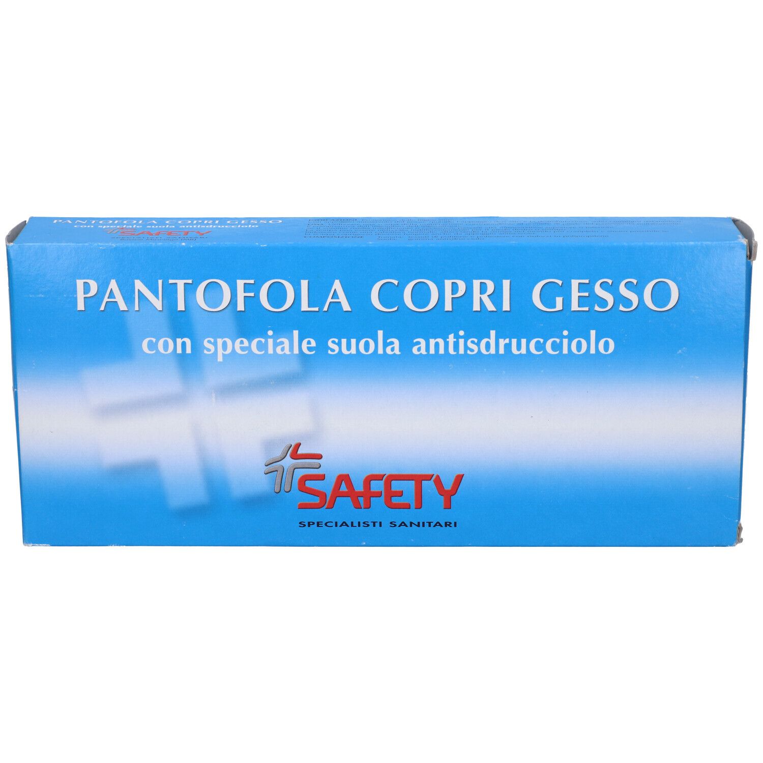 Scatola blu. Testo: "Pantofola copri gesso". Marchio: Safety.