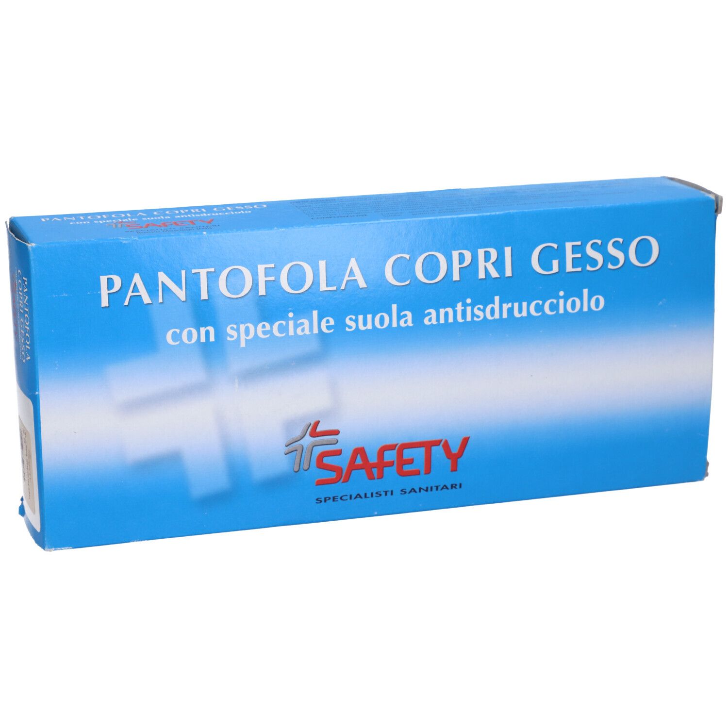Scatola blu. Testo: "Pantofola copri gesso". Marchio: Safety.