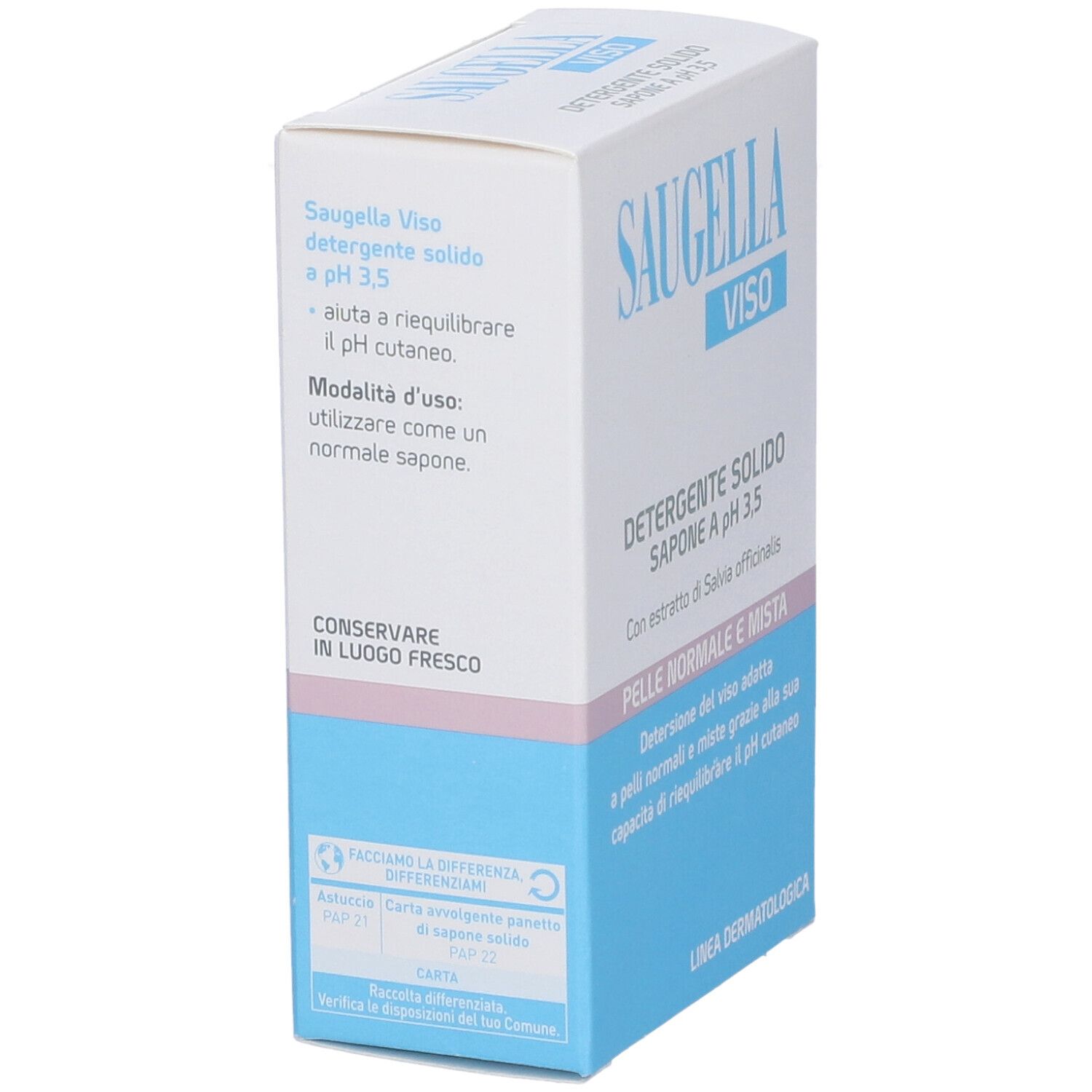 Saugella VISO Seife, feste Reinigung für normale und Mischhaut. Verpackung mit Inhaltsstoffen und Gewicht.