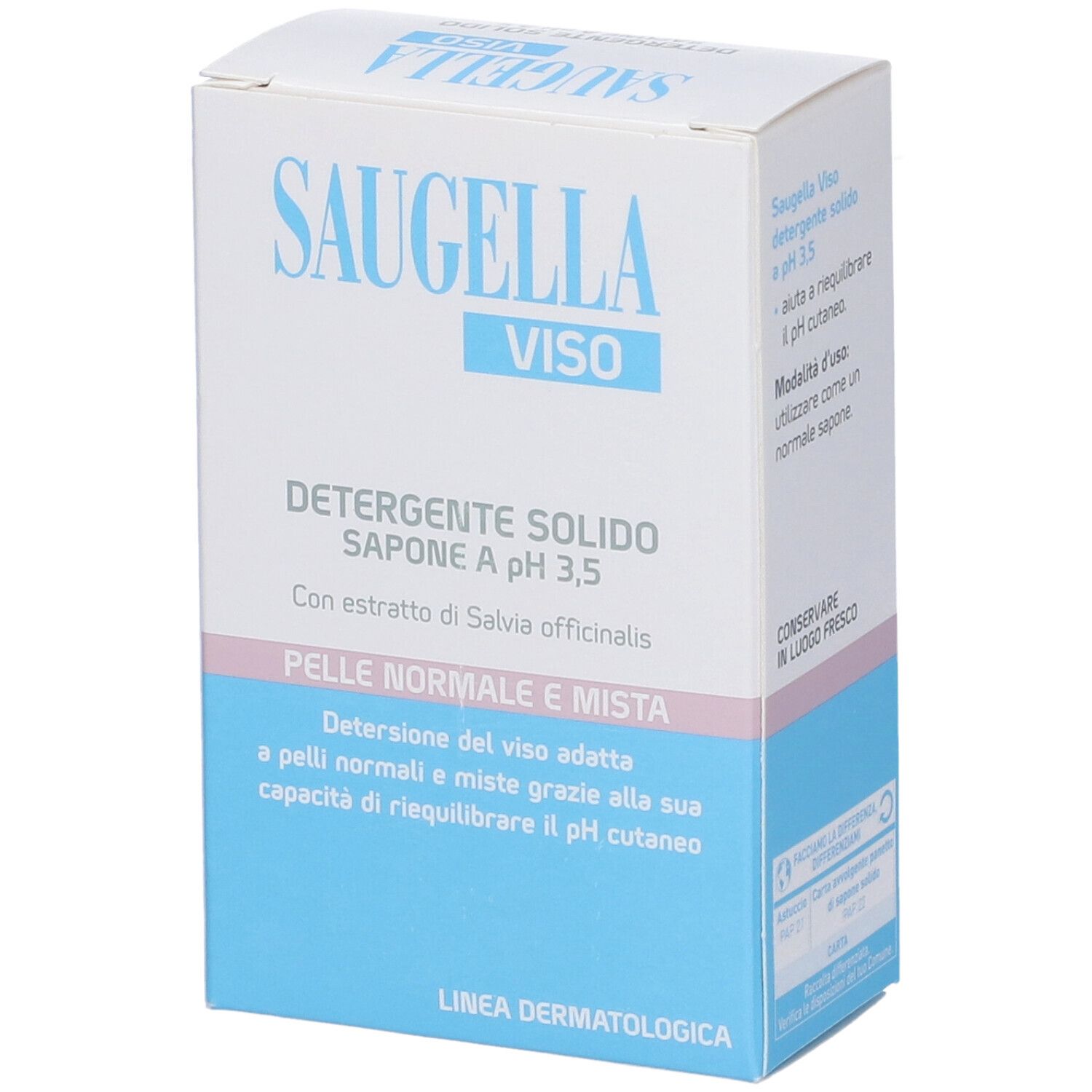 Saugella VISO Seife, feste Reinigung für normale und Mischhaut. Verpackung mit Inhaltsstoffen.