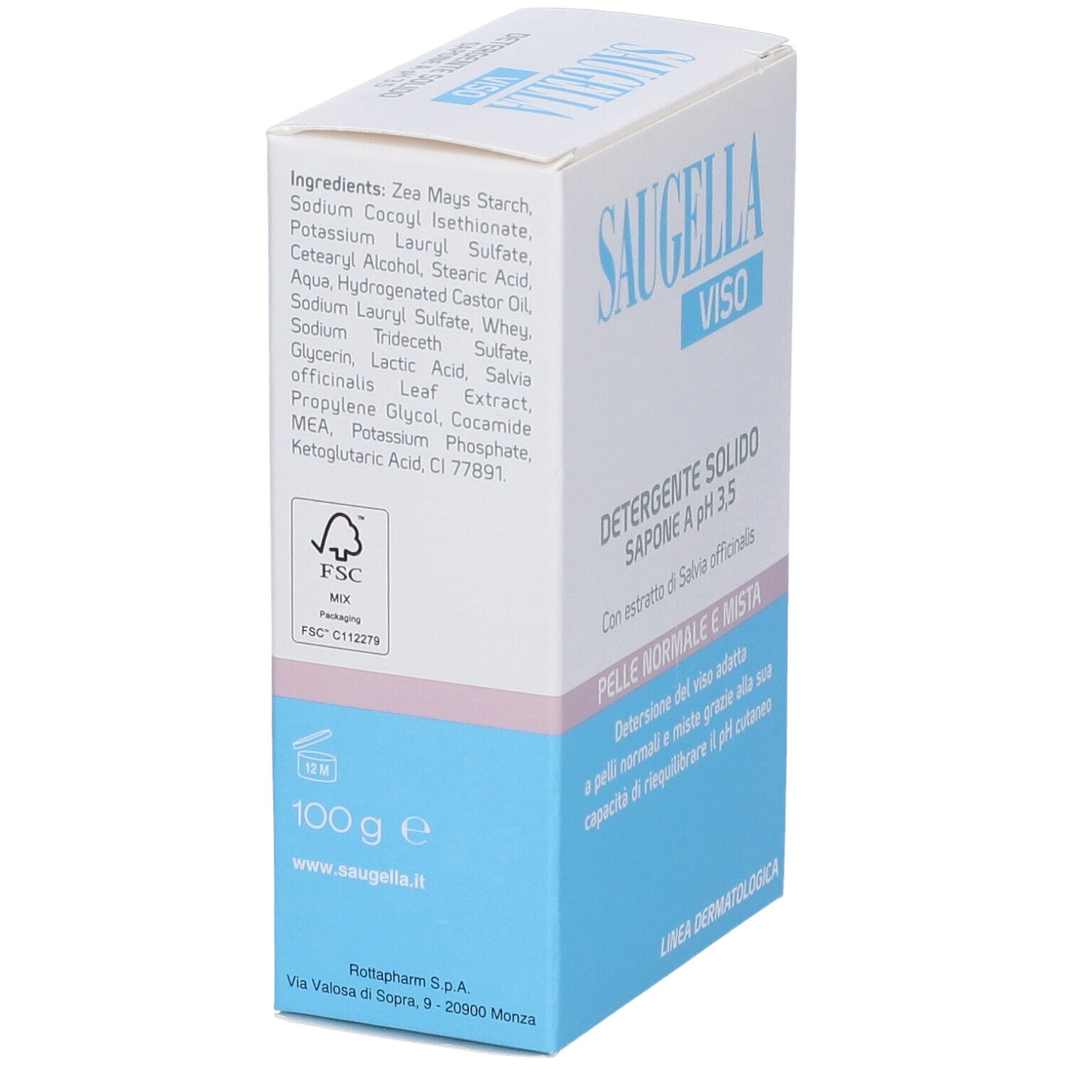 Saugella VISO Seife, feste Reinigung für normale und Mischhaut. Verpackung mit Anwendungshinweisen.