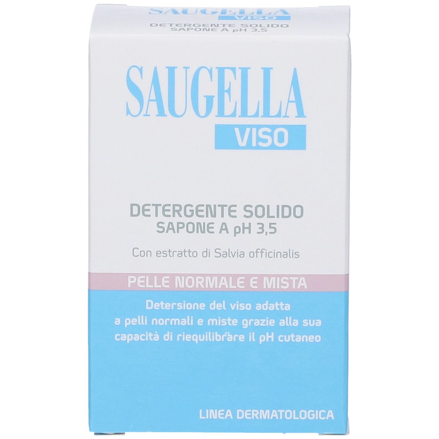 Saugella VISO Seife, feste Reinigung für normale und Mischhaut. Verpackung mit Produktinformationen.