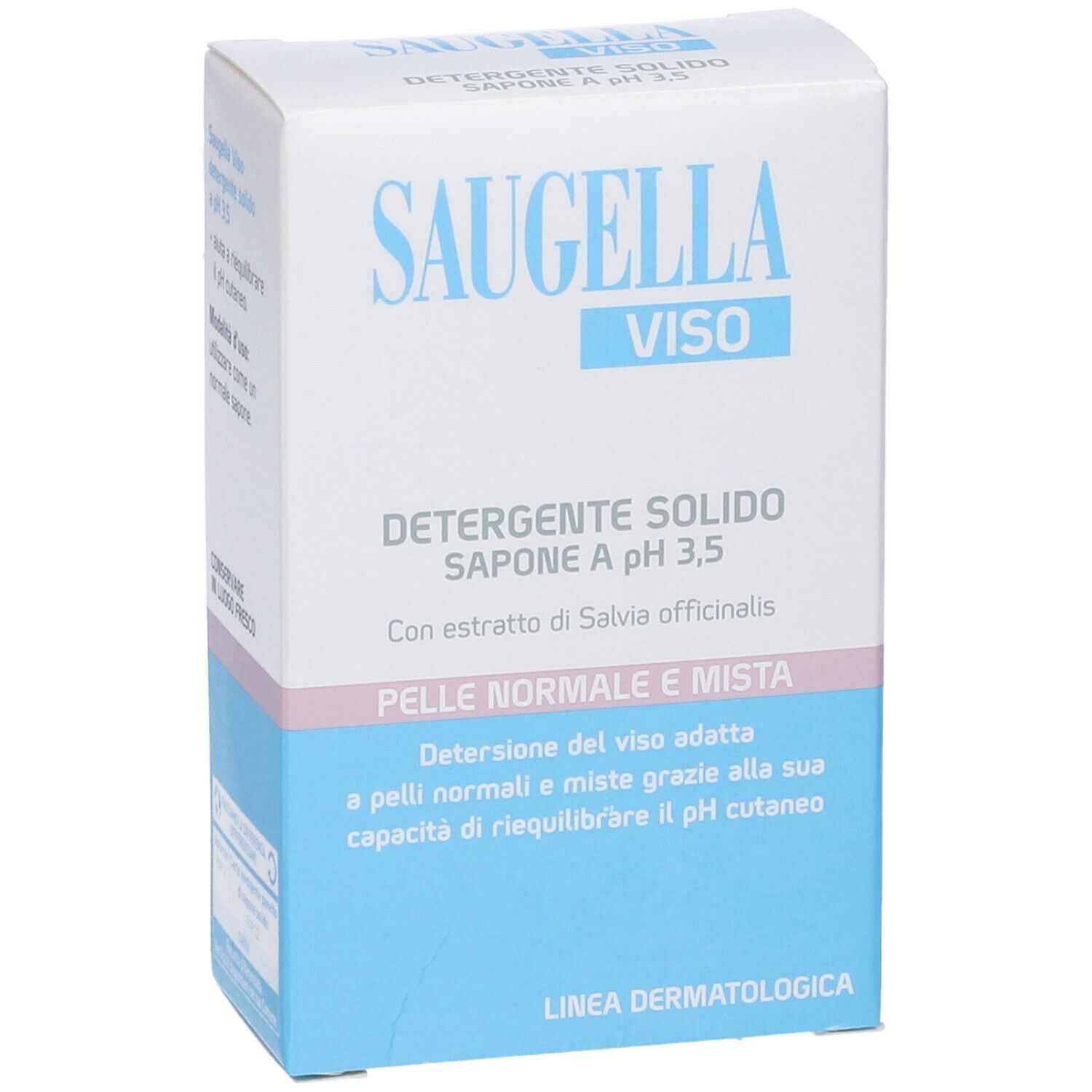 Saugella VISO Seife, feste Reinigung für normale und Mischhaut. Verpackung mit Produktinformationen und Gewicht.