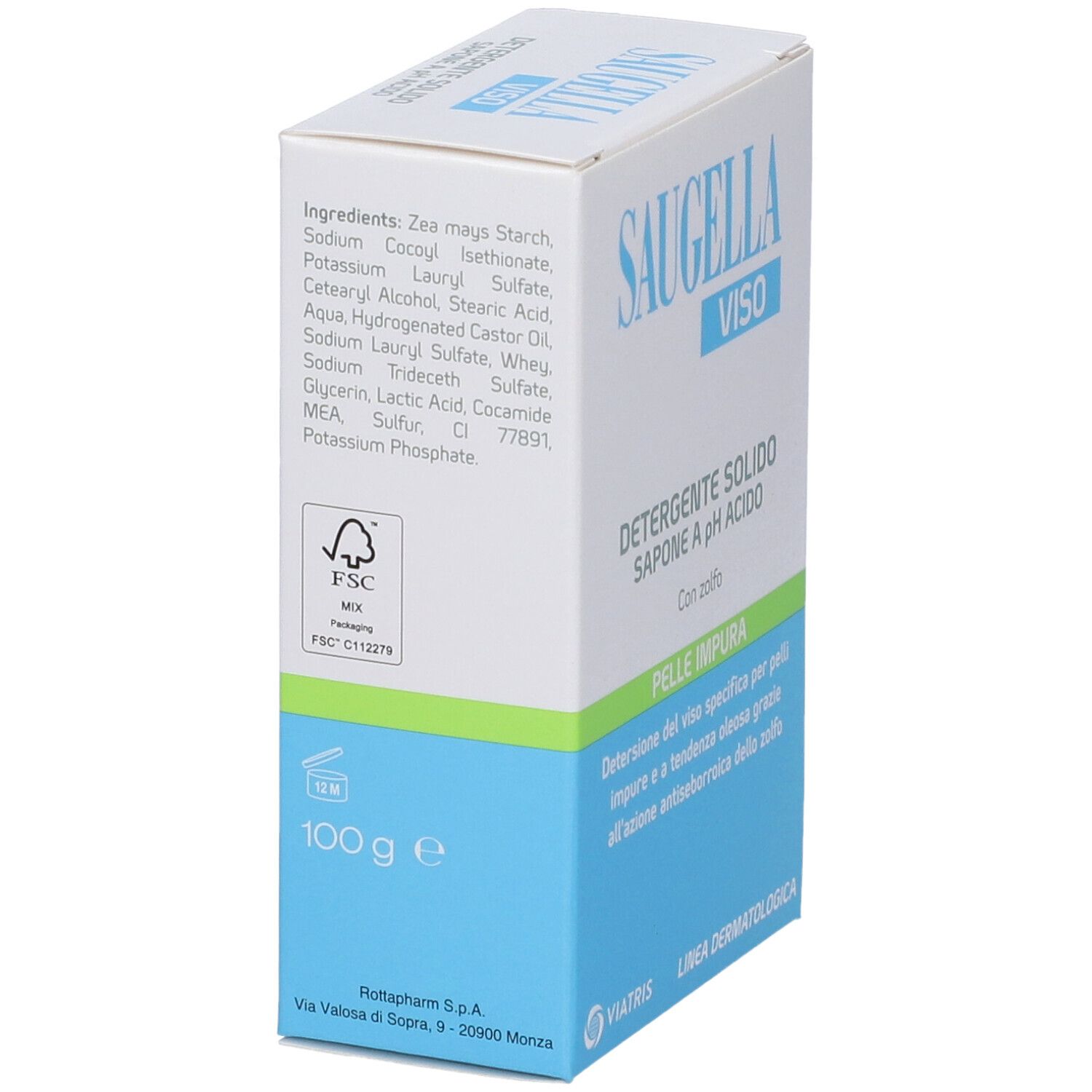 Saugella Viso feste Seife, 100g. Kartonverpackung mit Produktinformationen und Inhaltsstoffen.