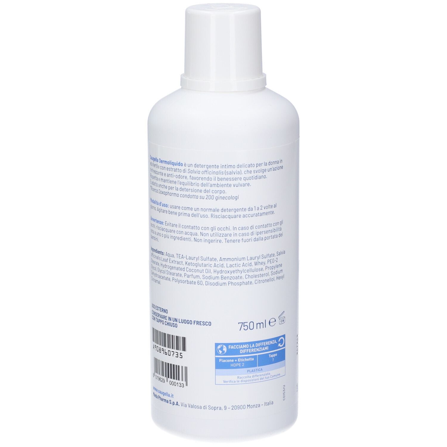 Weiße 750ml Flasche mit blauem Etikett, das Inhaltsstoffe und Anwendung beschreibt.