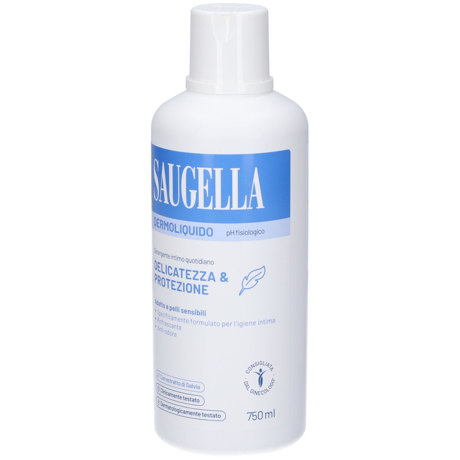 Weiße Flasche Saugella Dermoliquido, 750ml, mit blauem Etikett.