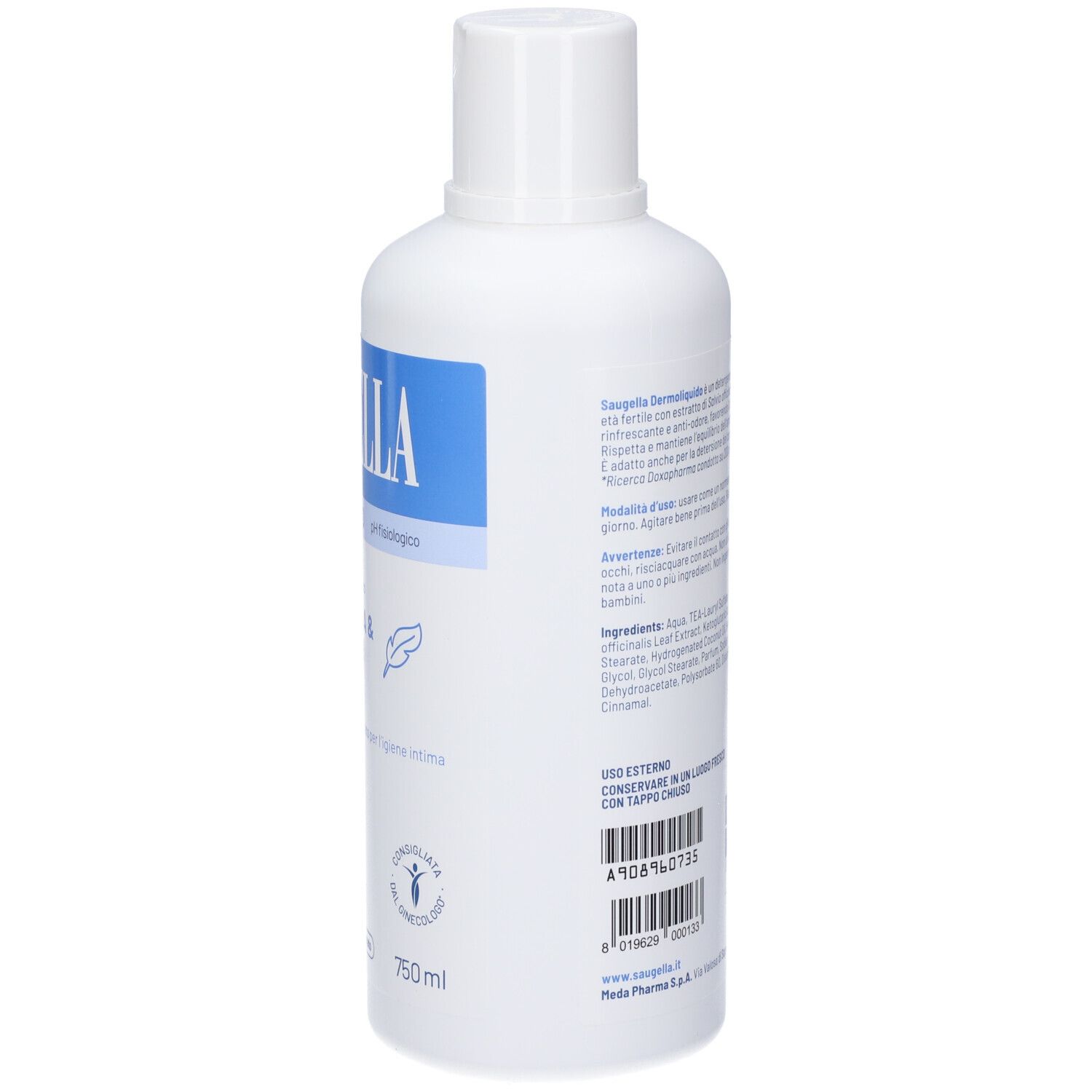 Weiße Flasche mit blauem Etikett, 750ml, dermatologisches Waschmittel.