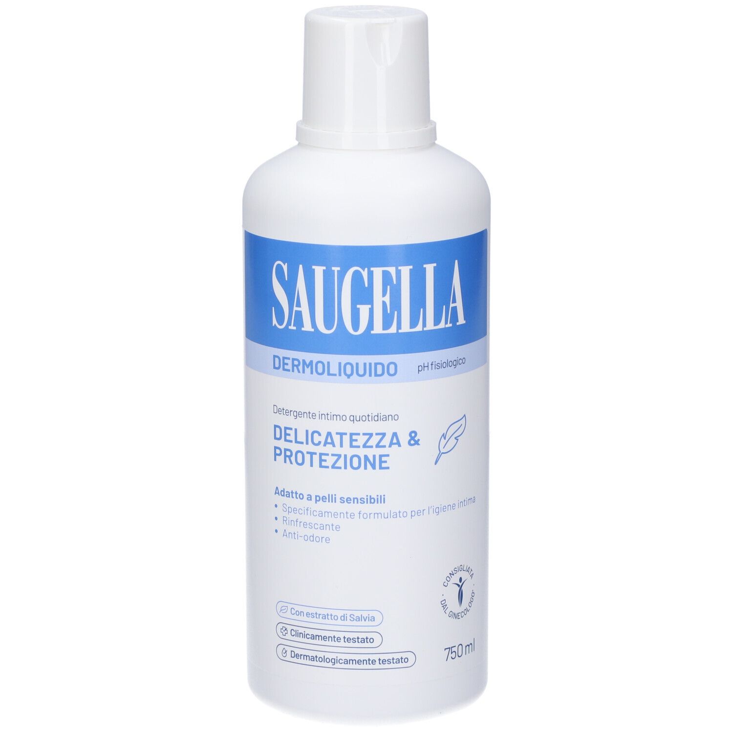 Weiße Flasche Saugella Dermoliquido mit blauem Etikett, 750ml.