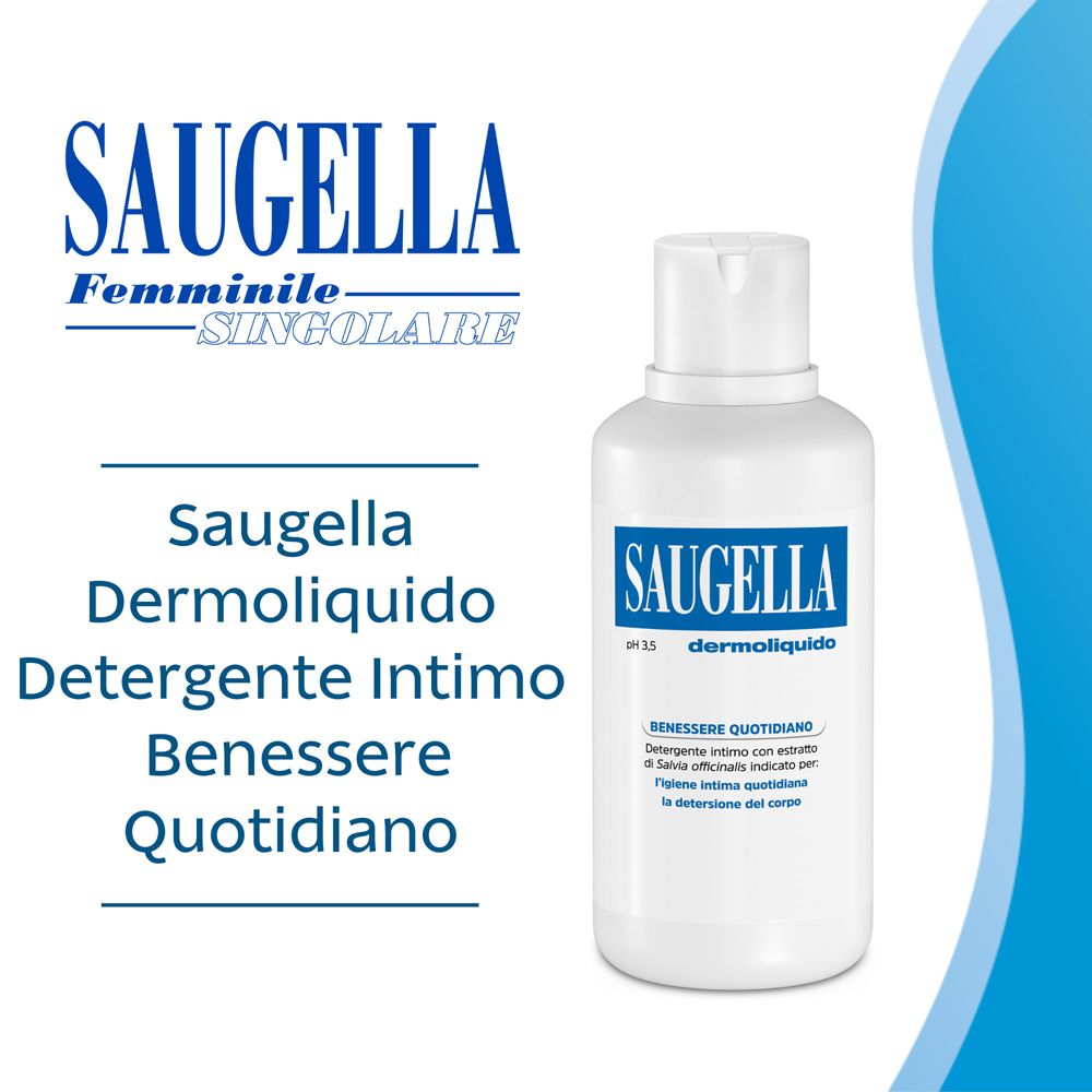 SAUGELLA Dermoliquid, blaue und weiße Gestaltung. Text auf Italienisch.