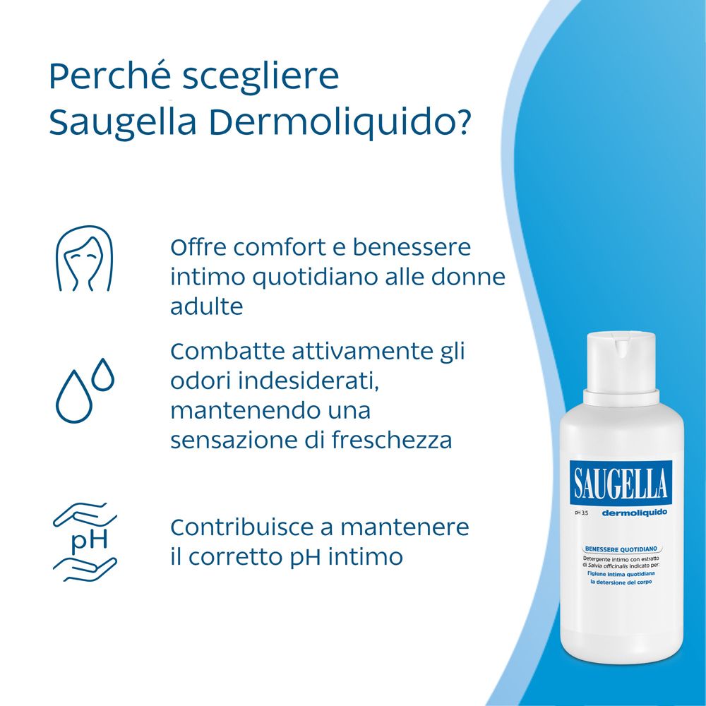 SAUGELLA Dermoliquid Flasche neben Icons und Text auf Italienisch.