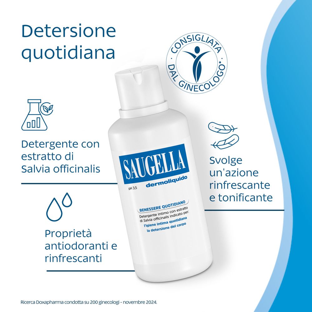 SAUGELLA Dermoliquid Flasche mit Icons und Text auf Italienisch. Logo: Consigliata dal ginecologo.