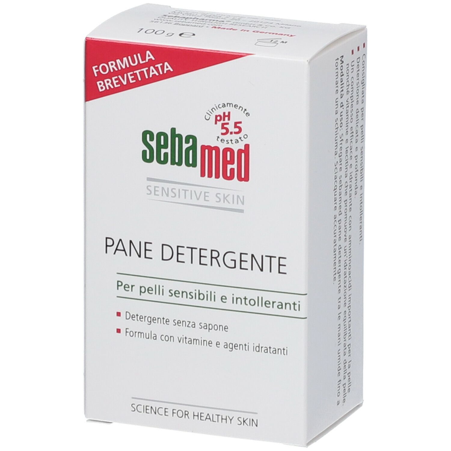 Weiße Schachtel mit Produktinformationen und dem Logo. Roter Akzent mit dem Schriftzug 'Formula brevettata'.