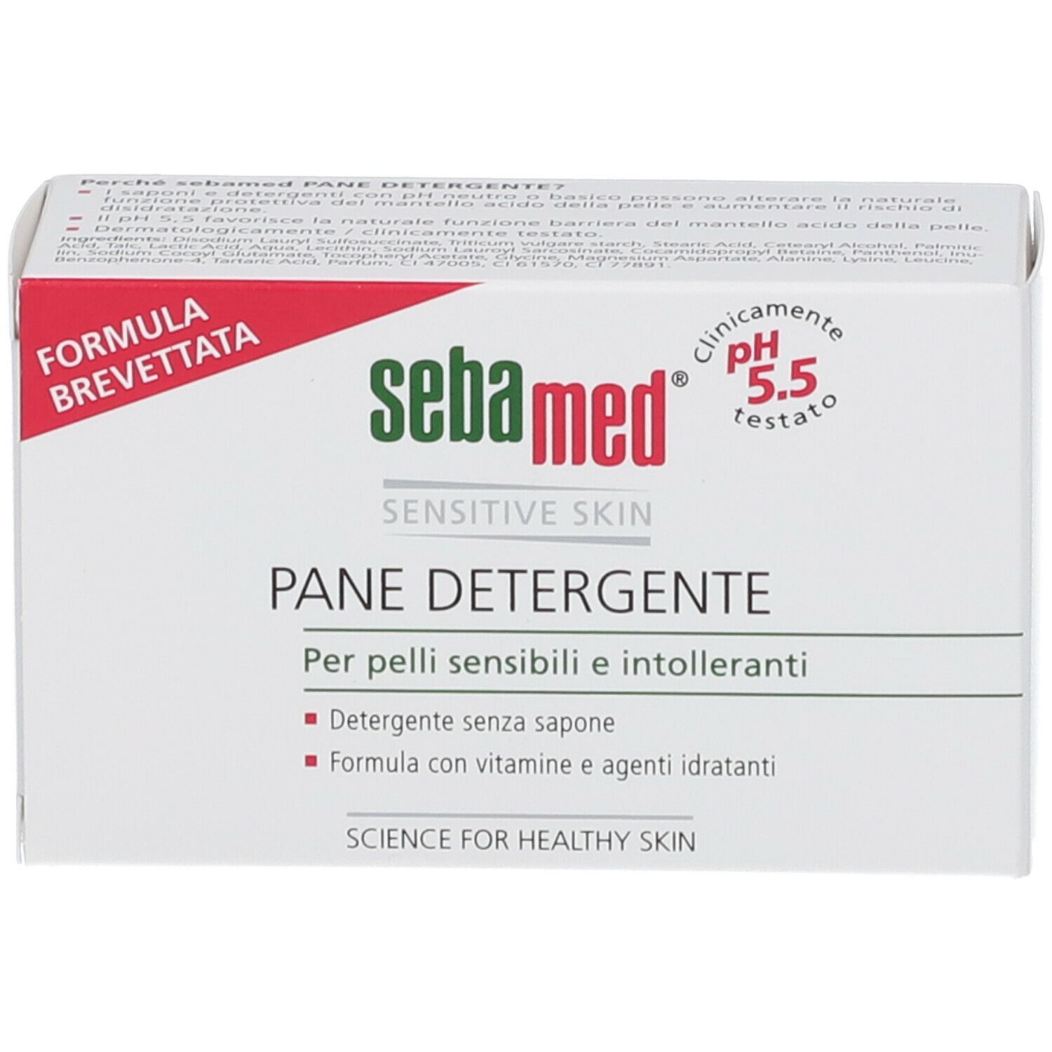 Weiße Schachtel mit Produktinformationen und dem Logo. Roter Akzent mit dem Schriftzug 'Formula brevettata'.