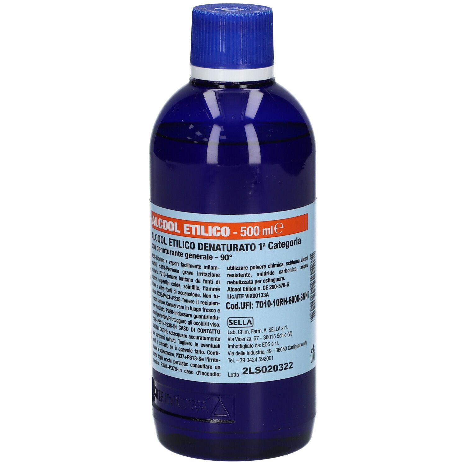 Bottiglia blu con tappo blu. Scritta: ALCOOL ETILICO - 500 ml. Testo e avvertenze sull'etichetta.