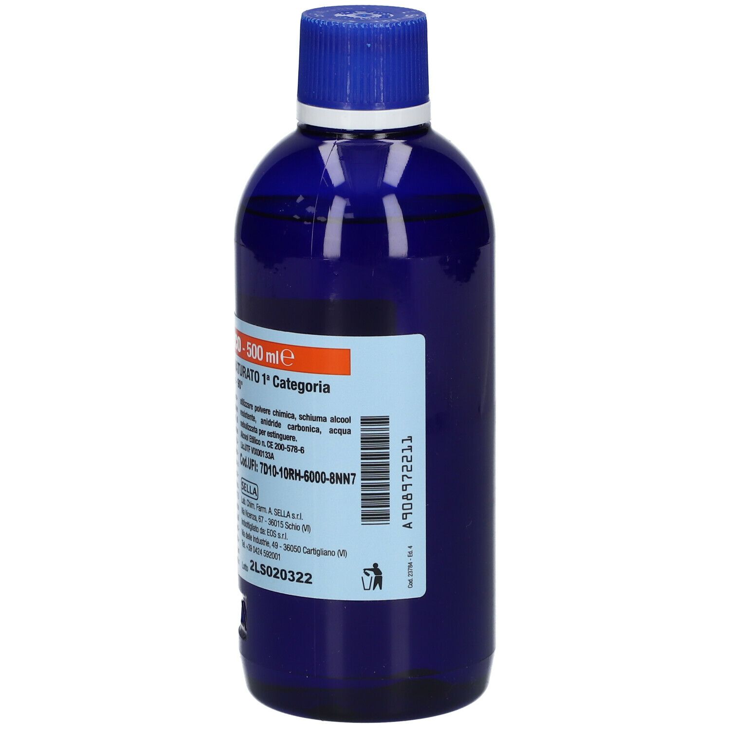 Bottiglia blu con tappo blu. Scritta: ALCOOL ETILICO - 500 ml. Testo sull'etichetta.