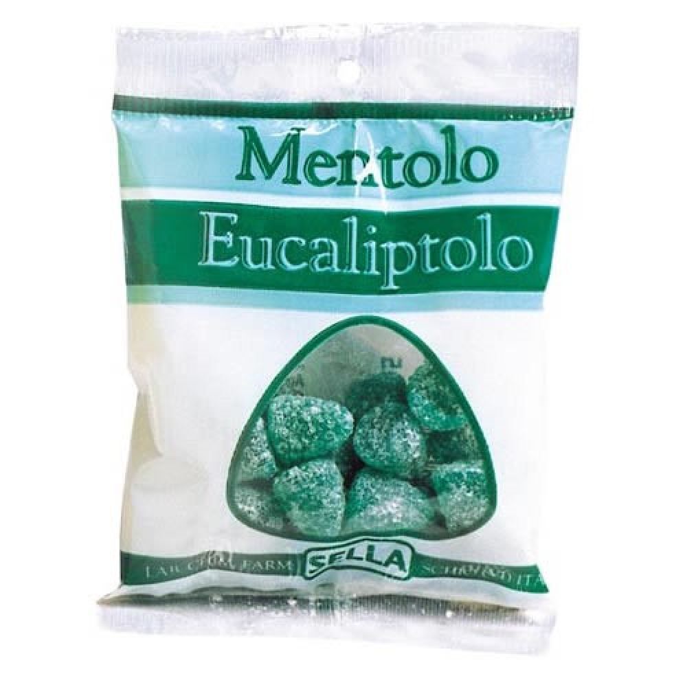 Busta di caramelle verdi. Scritta: Mentolo Eucaliptolo. Marchio: Sella.