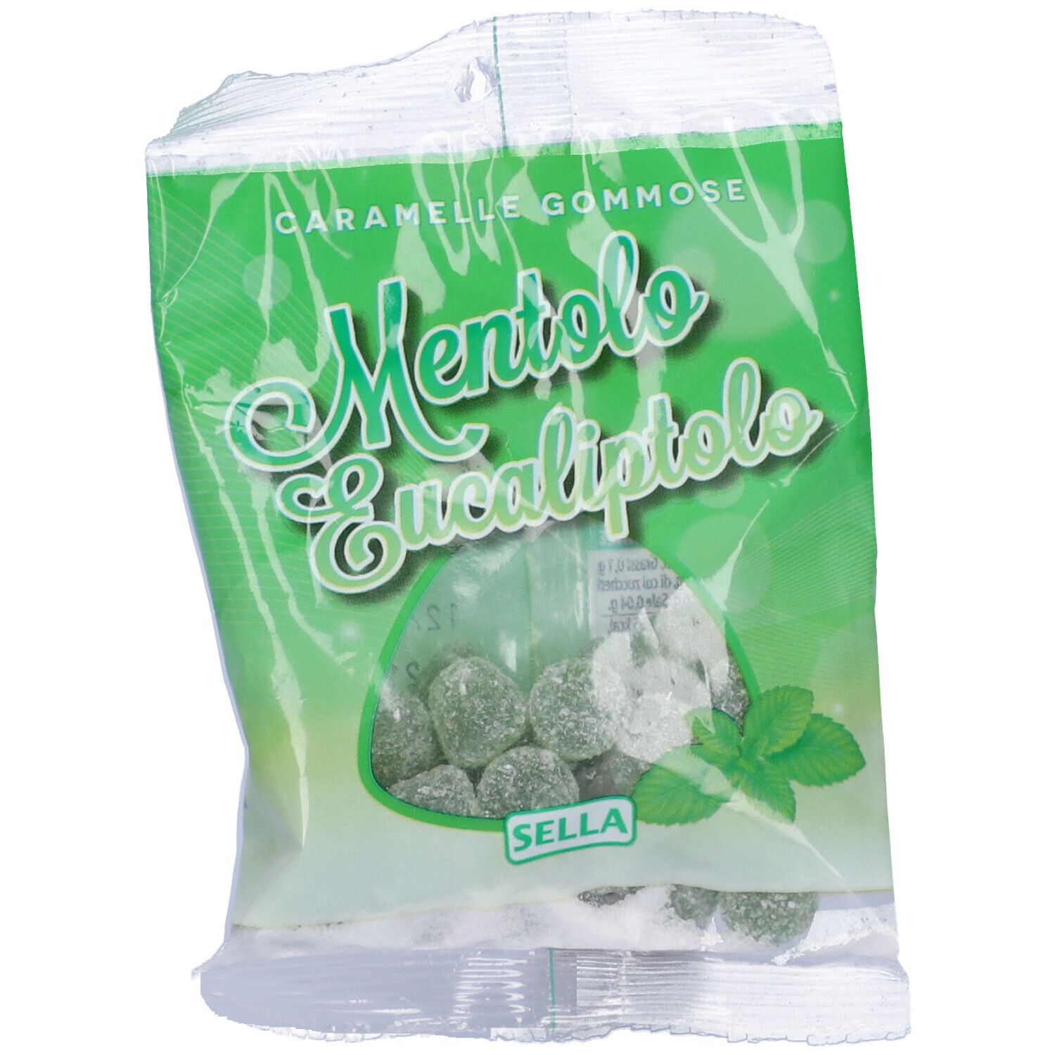 Busta di caramelle verdi. Scritta: Mentolo Eucaliptolo. Marchio: Sella. Con foglia di menta.