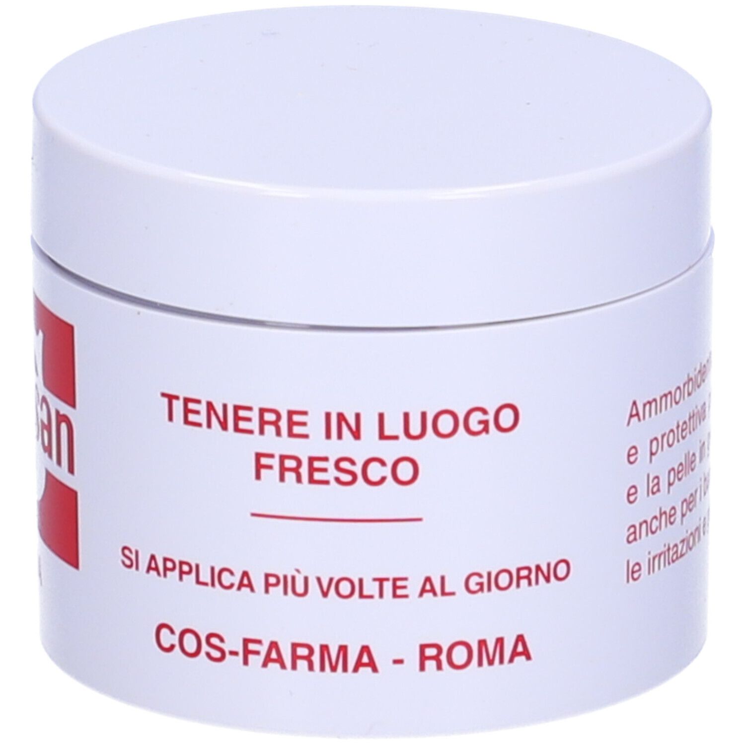 Vasetto bianco con logo e scritta rossi. Coperchio sopra. Testo e informazioni sul prodotto.