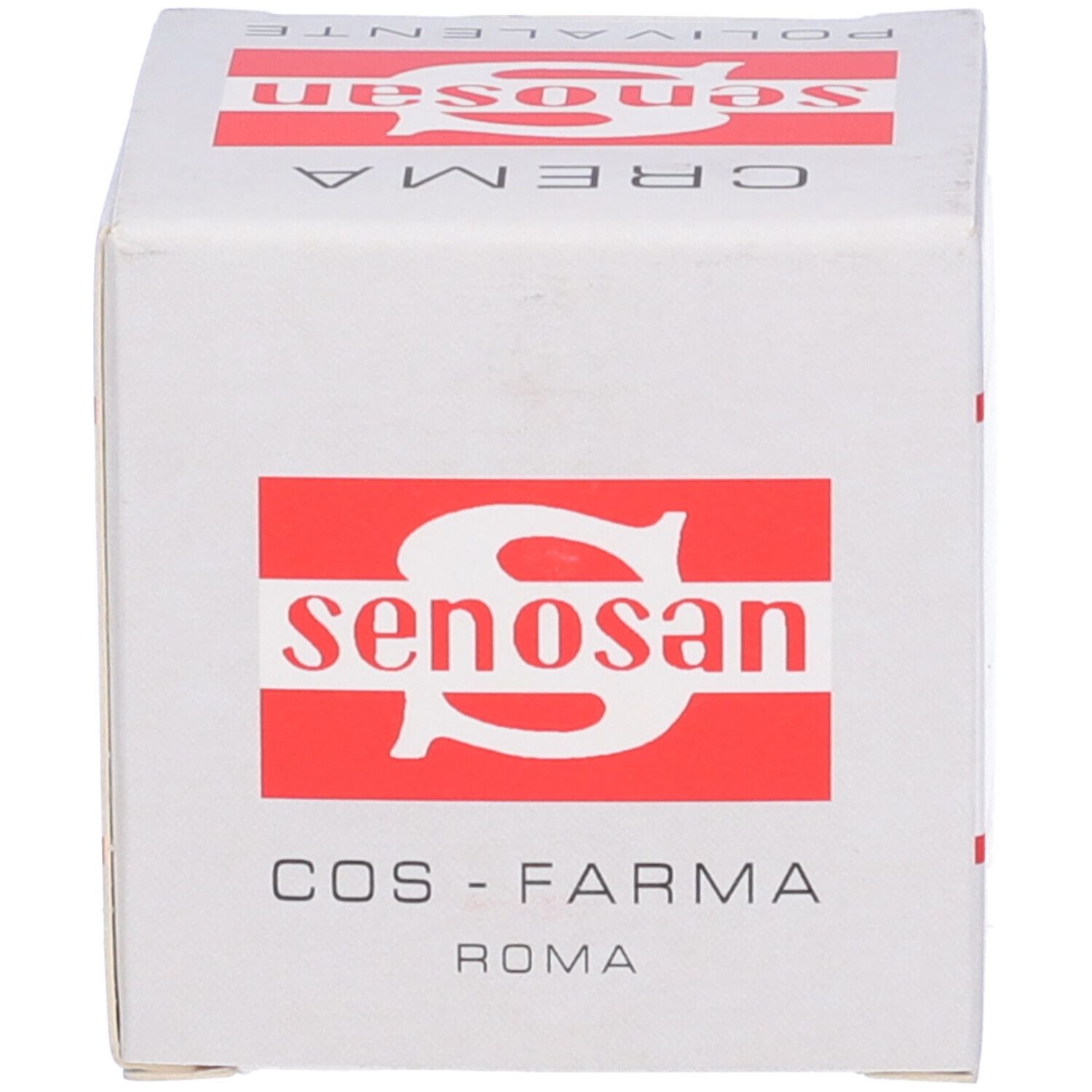 Scatola bianca con logo e scritta rossi. Nome del prodotto e testo. Forma quadrata.