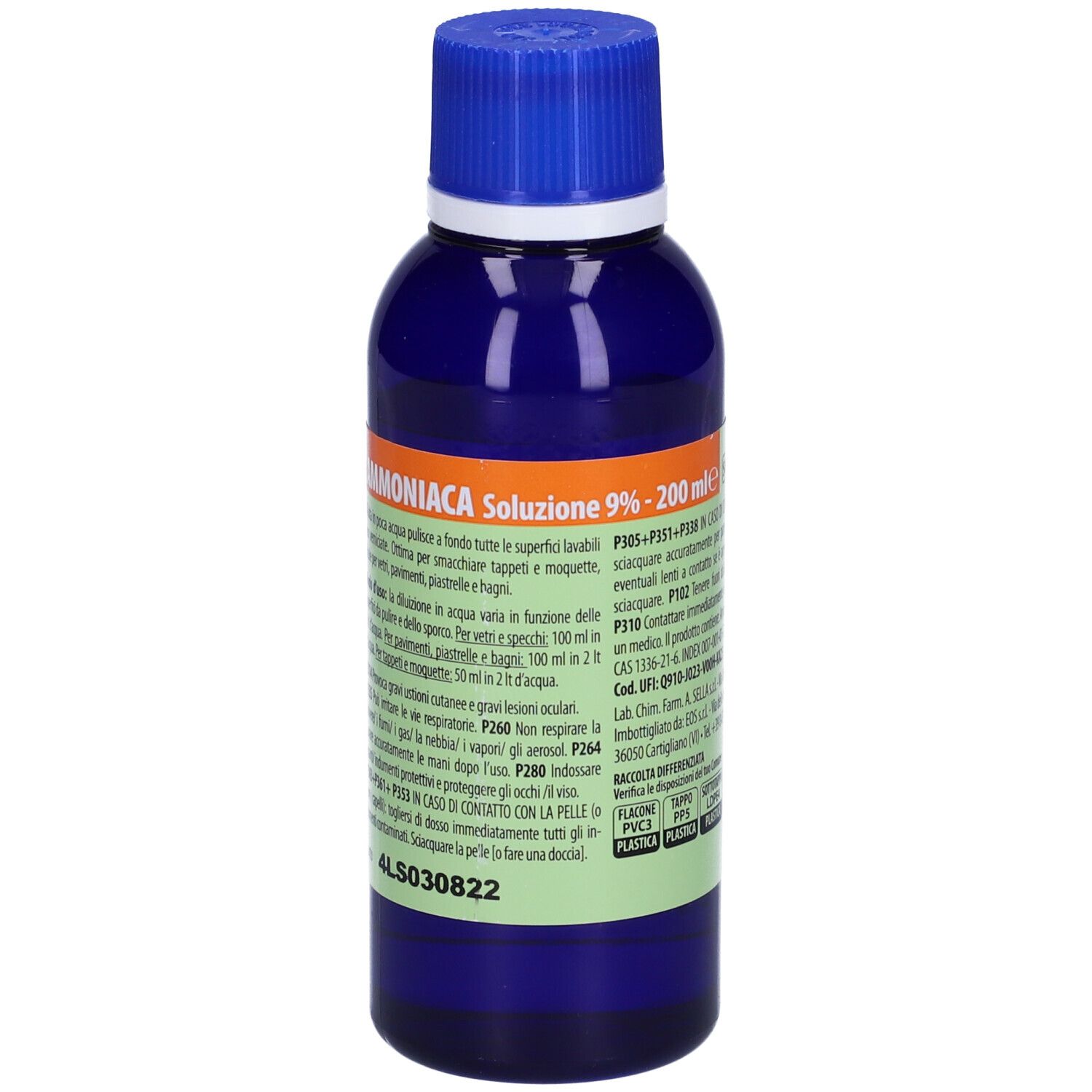 Flacone blu con tappo blu. Etichetta con testo. Scritta: Ammoniaca Soluzione 9% - 200 ml. Etichetta verde con testo.
