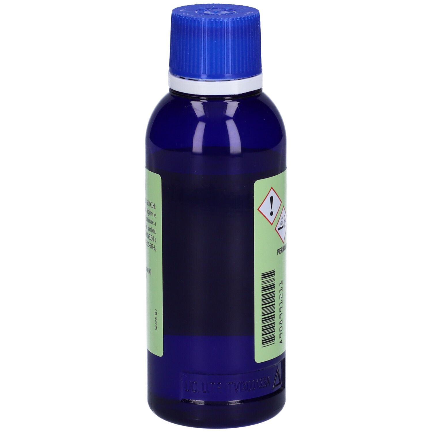 Flacone blu con tappo blu. Etichetta verde con testo e codice a barre. Scritta: Ammoniaca Soluzione 9%.