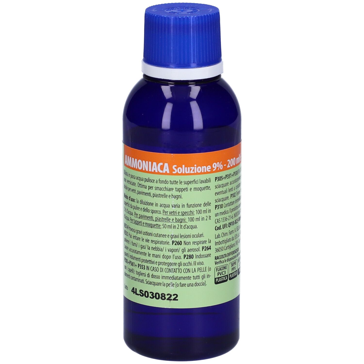 Flacone blu con tappo blu. Etichetta verde con testo. Scritta: Ammoniaca Soluzione 9% - 200 ml. Testo e avvertenze.