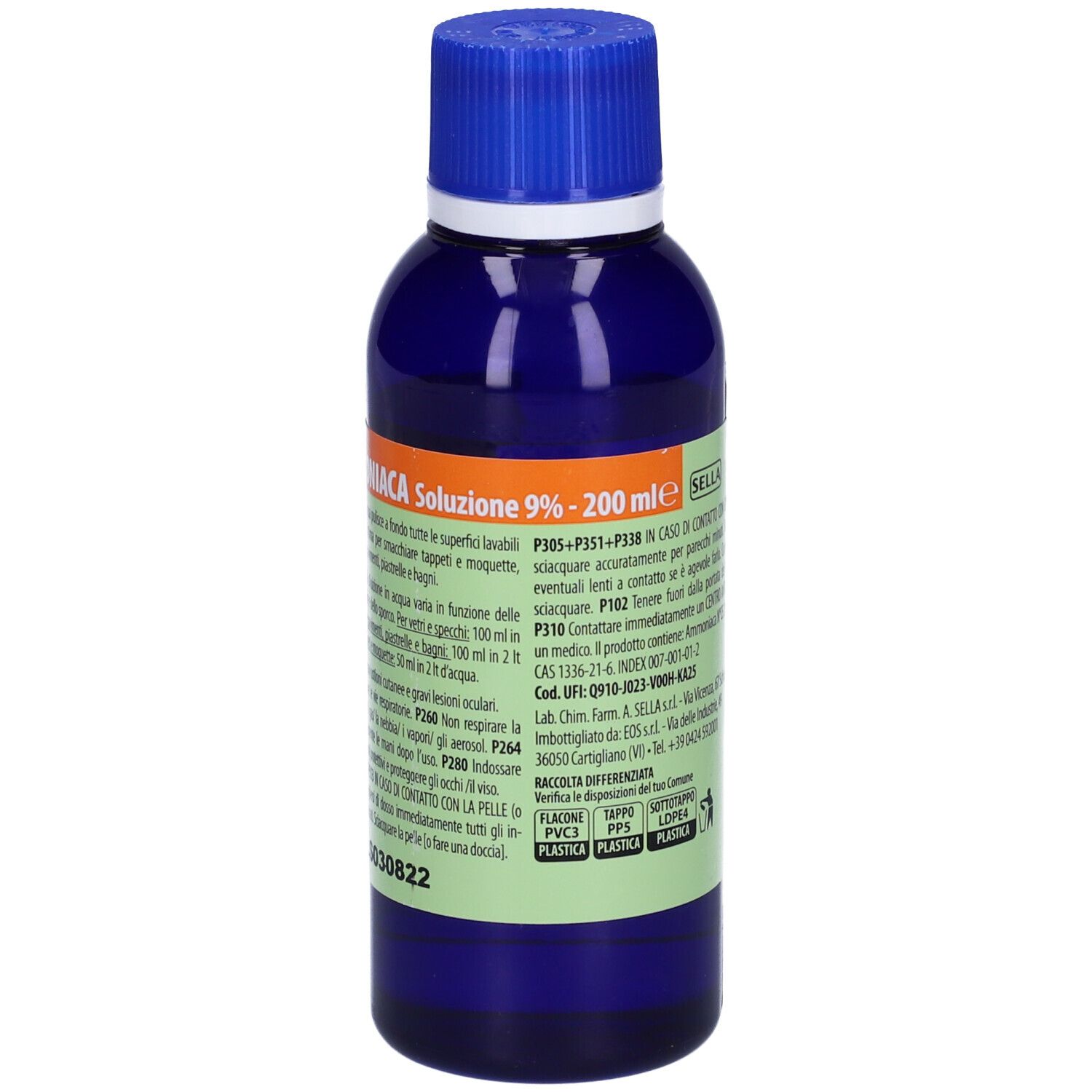 Flacone blu con tappo blu. Etichetta verde con testo. Scritta: Ammoniaca Soluzione 9% - 200 ml. Testo e avvertenze.