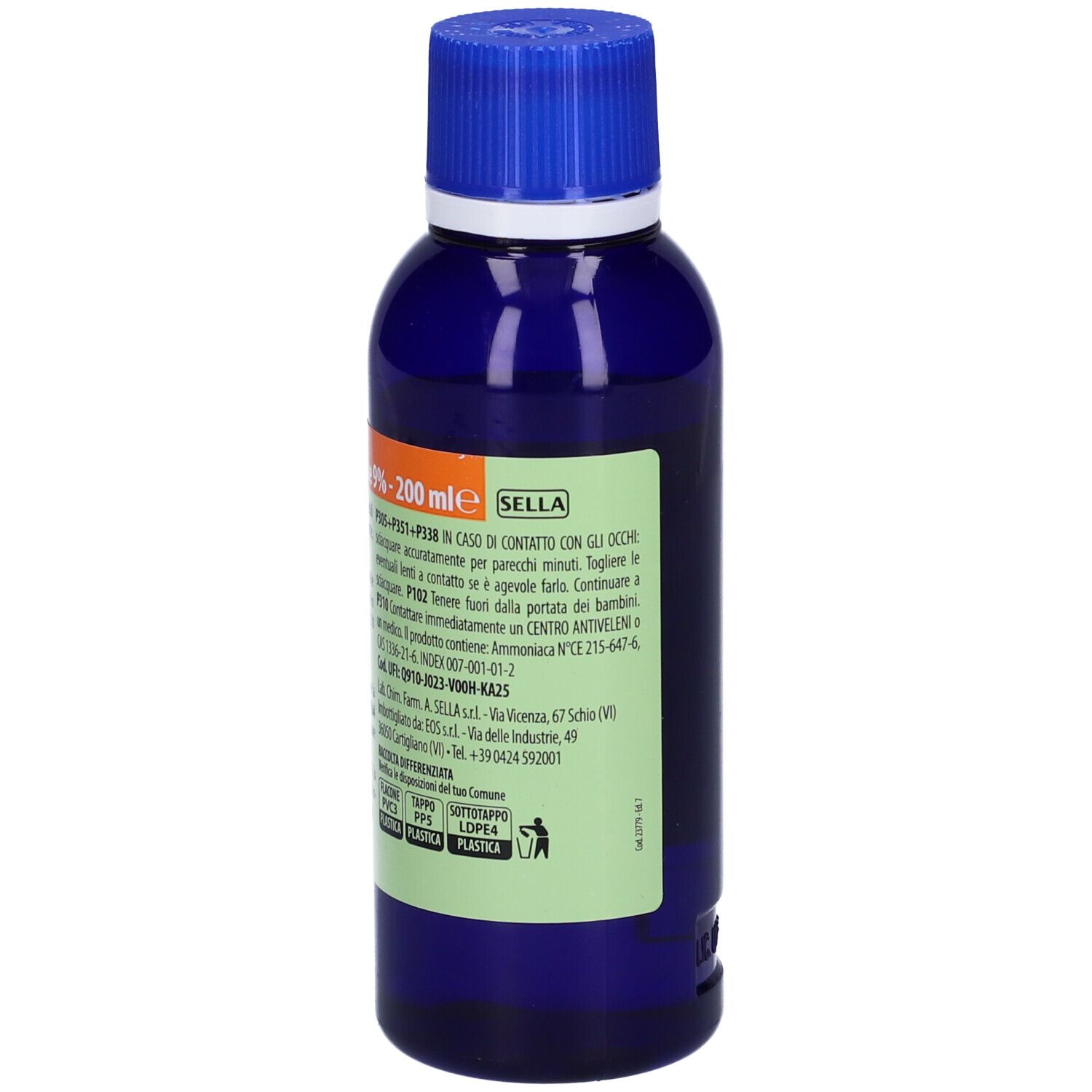 Flacone blu con tappo blu. Etichetta verde con testo. Scritta: Ammoniaca Soluzione 9% - 200 ml. Testo e logo.