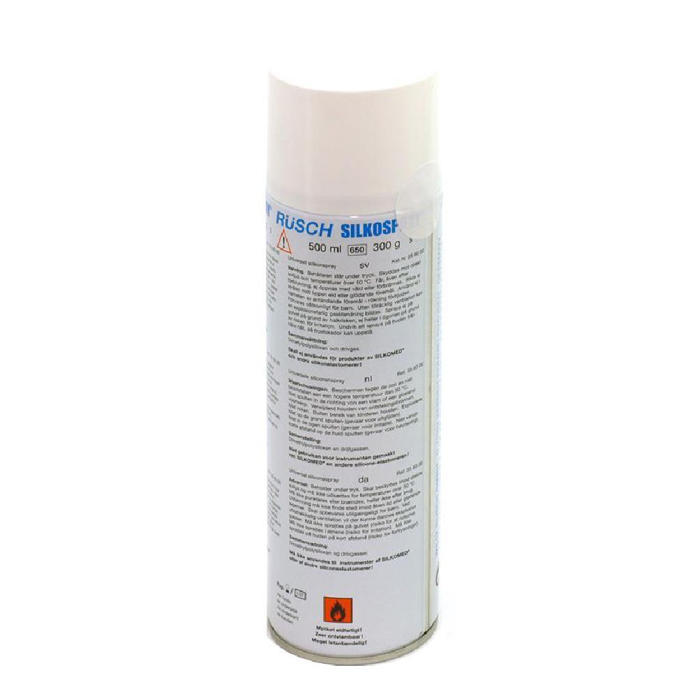 Bomboletta cilindrica con tappo bianco. Scritta: RUSCH SILKOSSPRAY. Contiene informazioni e avvertenze.