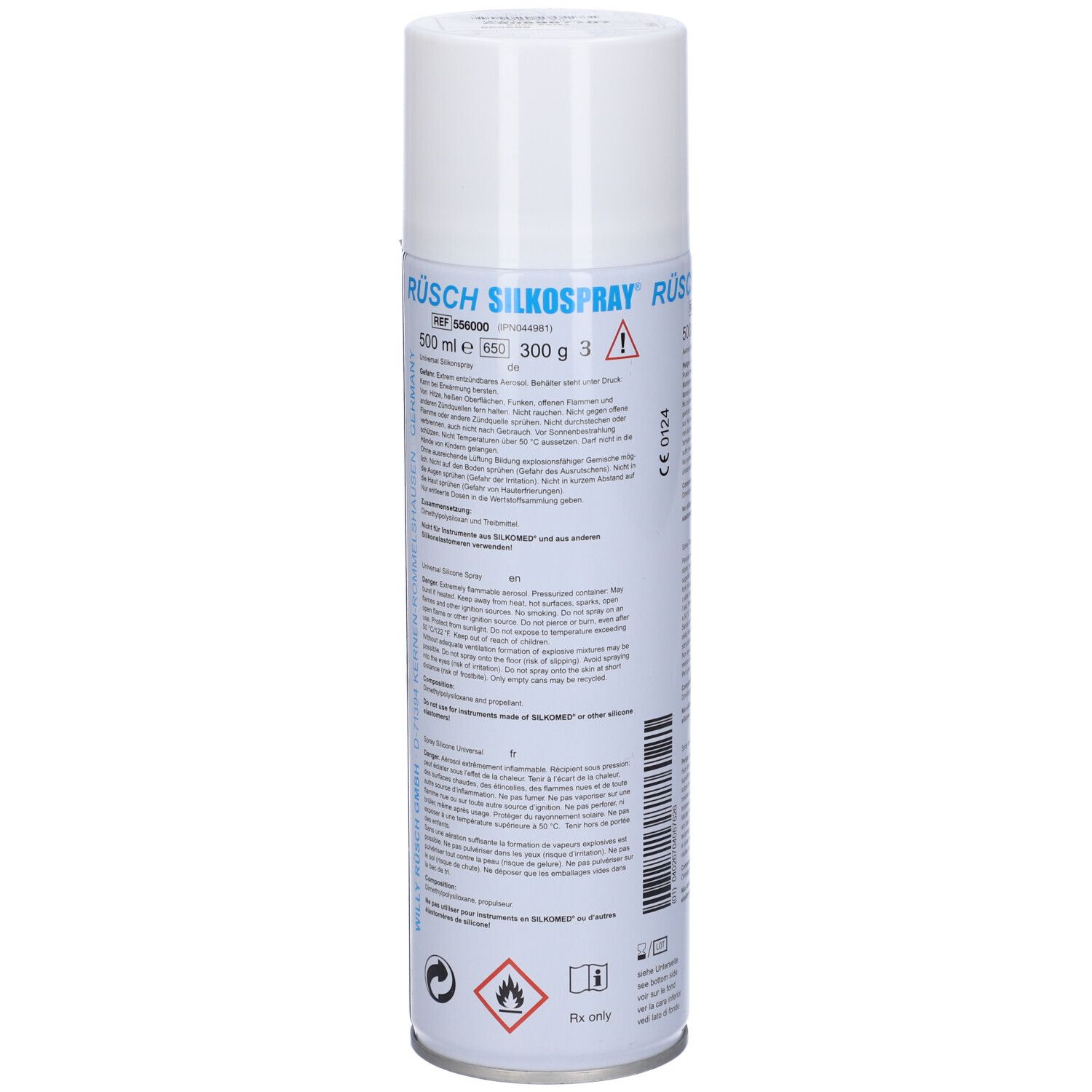Bomboletta cilindrica con tappo bianco. Scritta: RUSCH SILKOSSPRAY. Contiene informazioni e avvertenze.