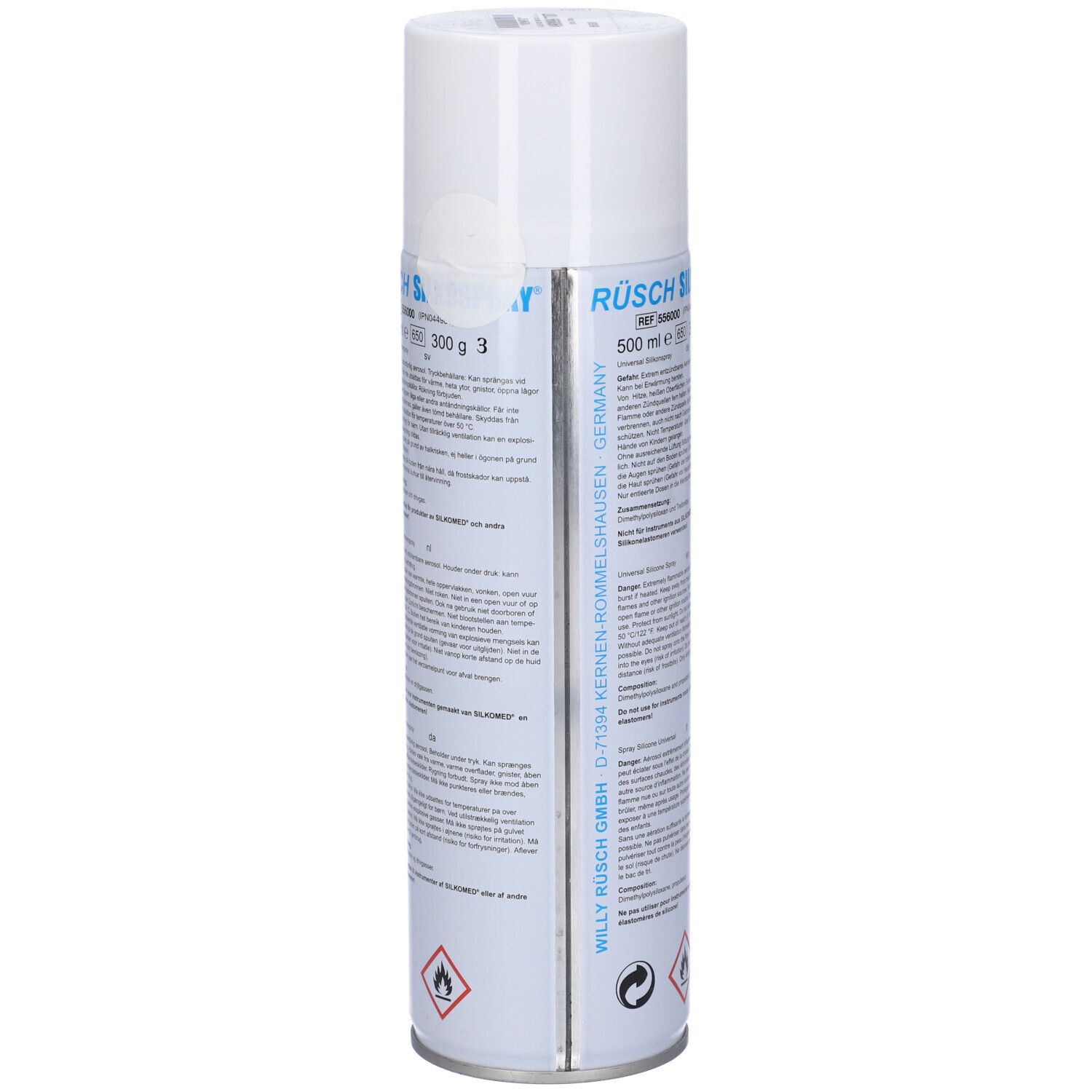 Bomboletta cilindrica con tappo bianco. Scritta: RUSCH SILKOSSPRAY. Contiene informazioni e avvertenze.