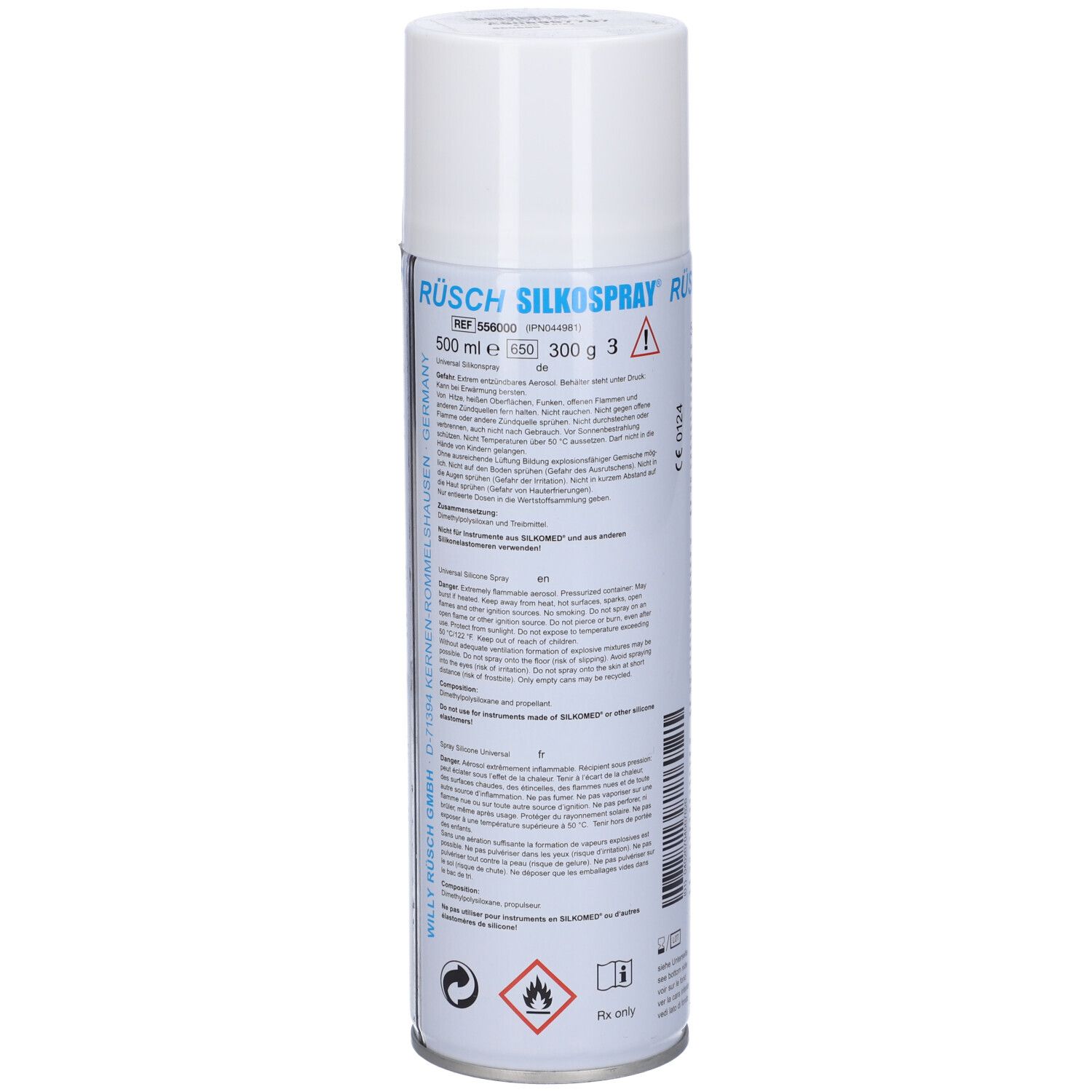 Bomboletta cilindrica con tappo bianco. Scritta: RUSCH SILKOSSPRAY. Contiene informazioni e avvertenze.