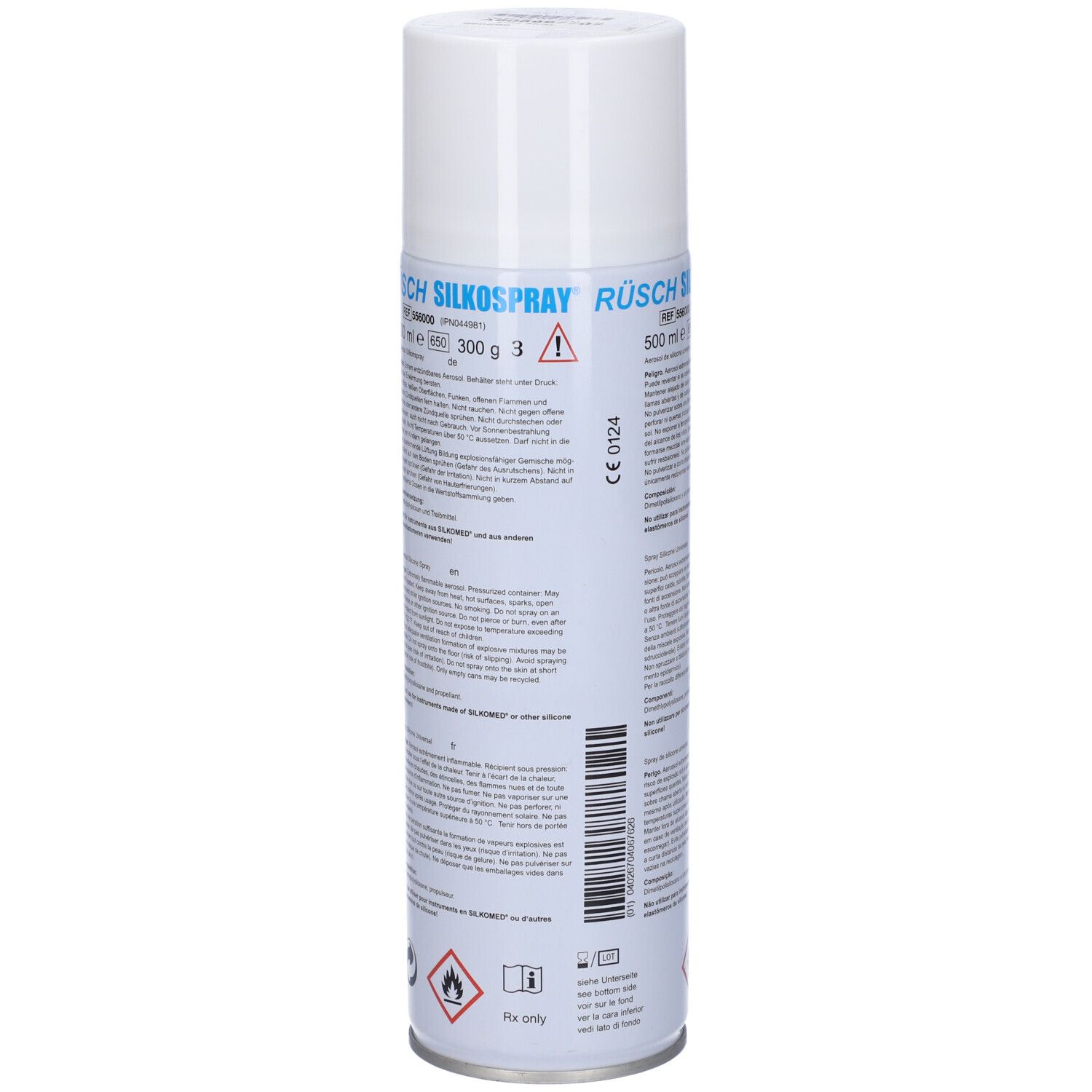 Bomboletta cilindrica con tappo bianco. Scritta: RUSCH SILKOSSPRAY. Contiene informazioni e avvertenze.